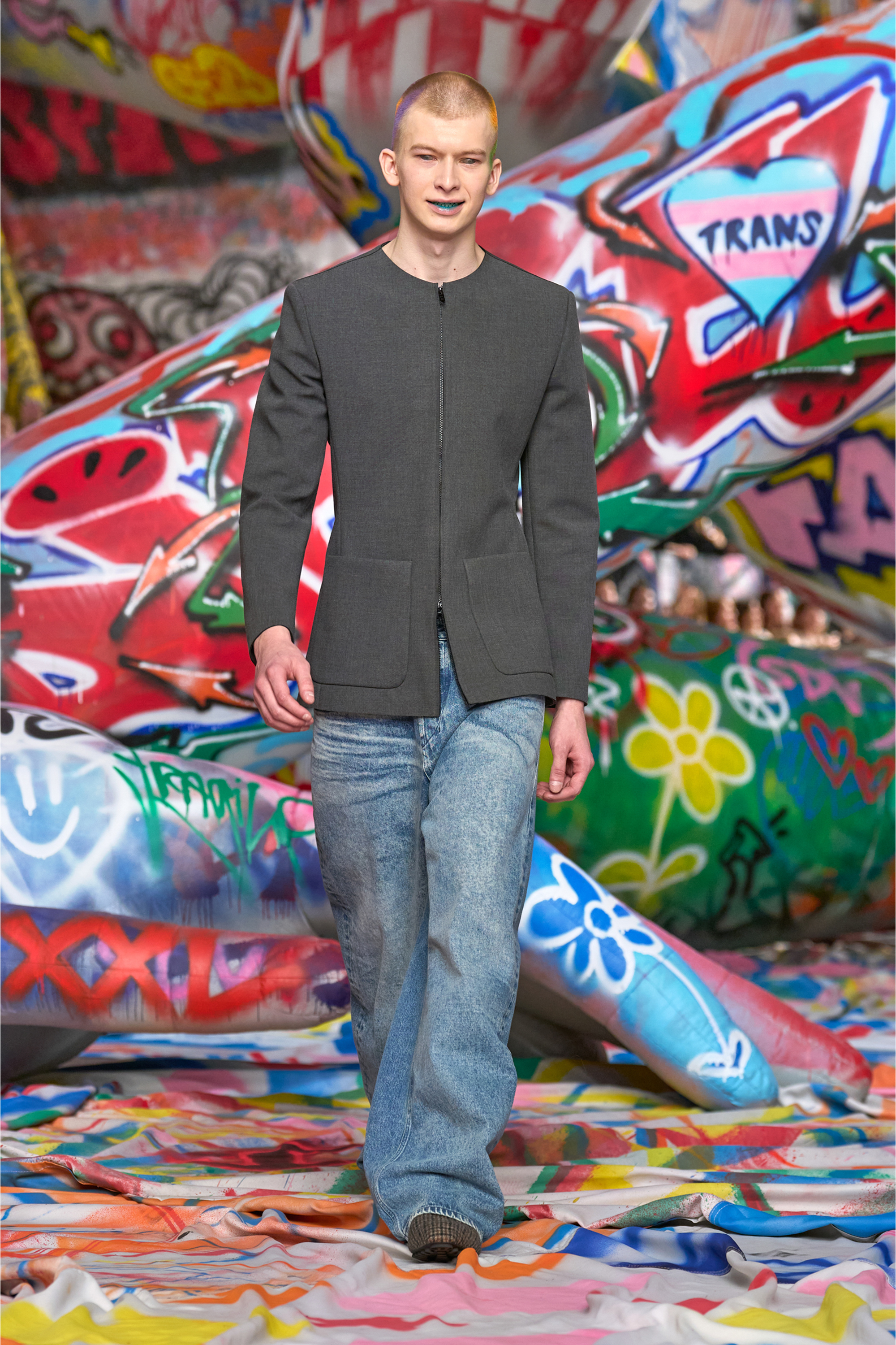 Diesel - J-CESAR-NEO, Man's Collarless jacket in neoprene-bonded fabric in Grey - 3