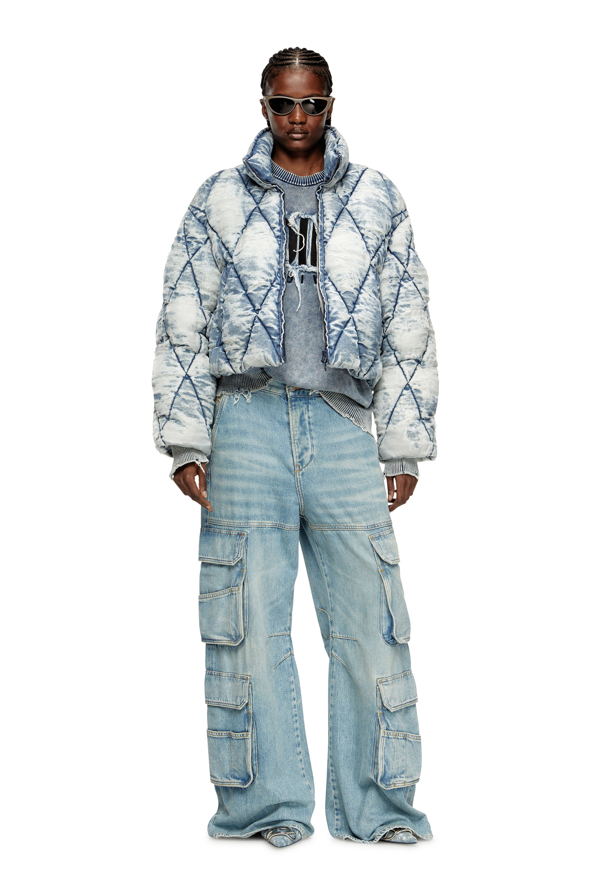 Diesel - W-HISTEL, Woman's Puffer jacket in argyle-quilted devoré shell in Light Blue - 1