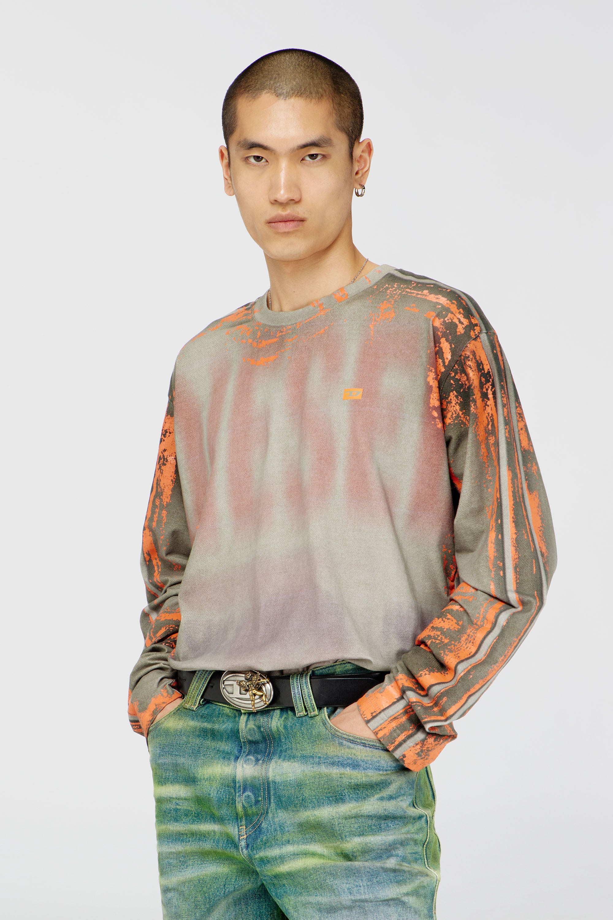 Diesel - T-FILMY, Man's Long-sleeve T-shirt in cracked jersey in Grey/Orange - 2