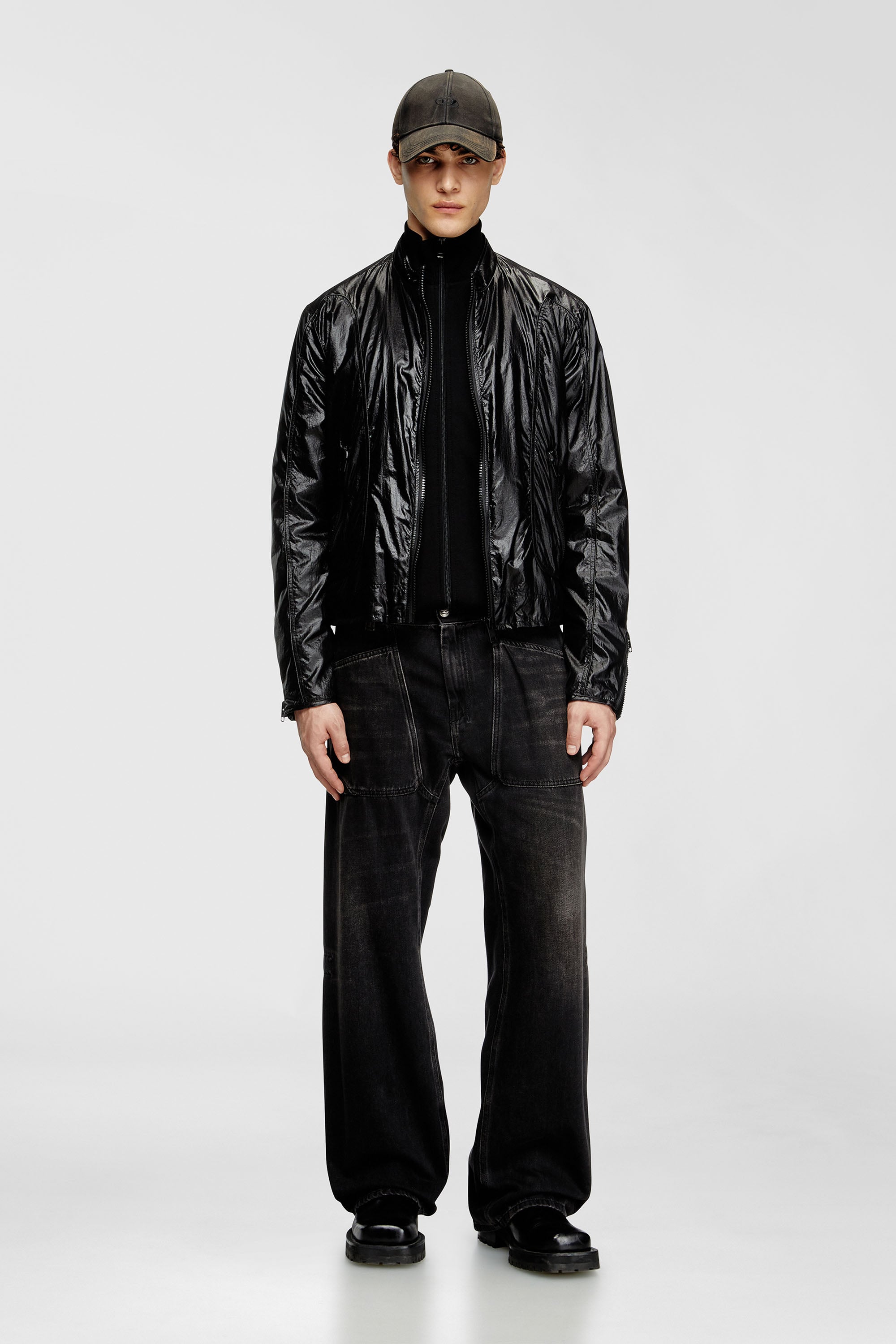 Diesel - J-CLAYS, Man's Biker jacket in shiny ripstop in Black - 2
