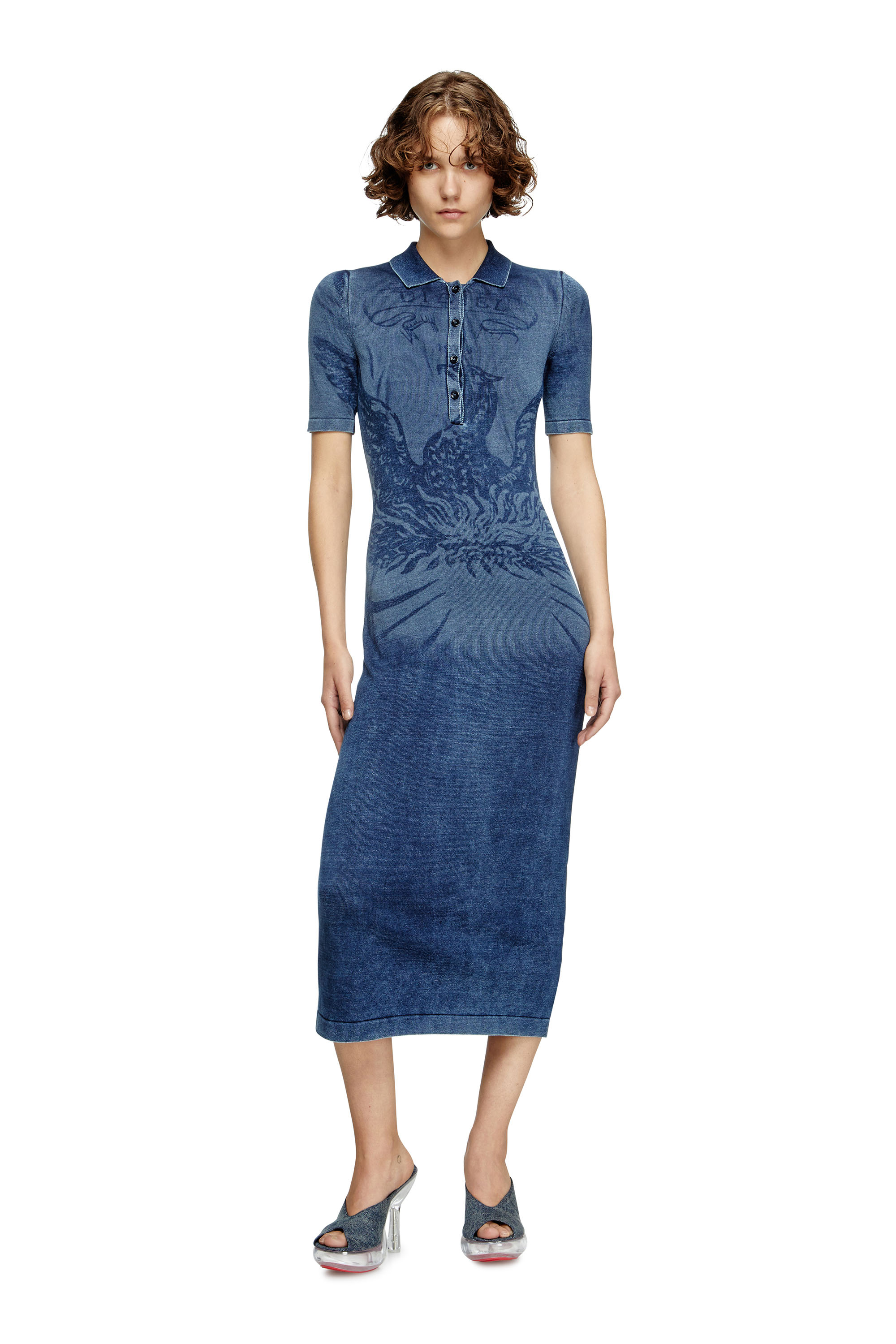 Diesel - M-FENNY-DRS, Woman's Polo midi dress in denim-effect knit in Medium blue - 2