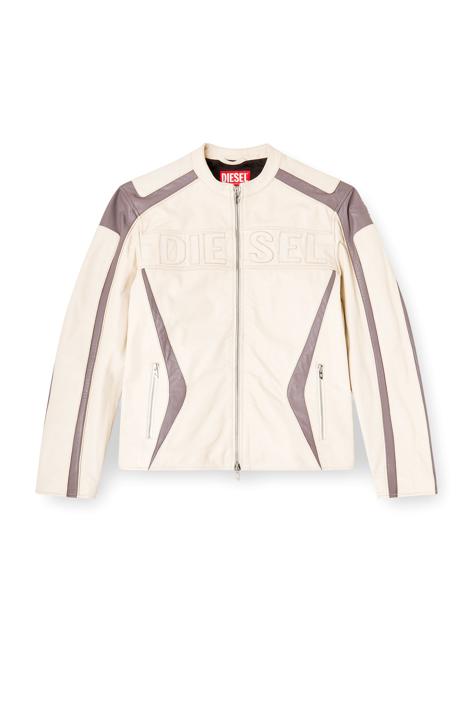 Diesel - L-ADAM, Man's Colour-block leather biker jacket in Beige/Grey - 2
