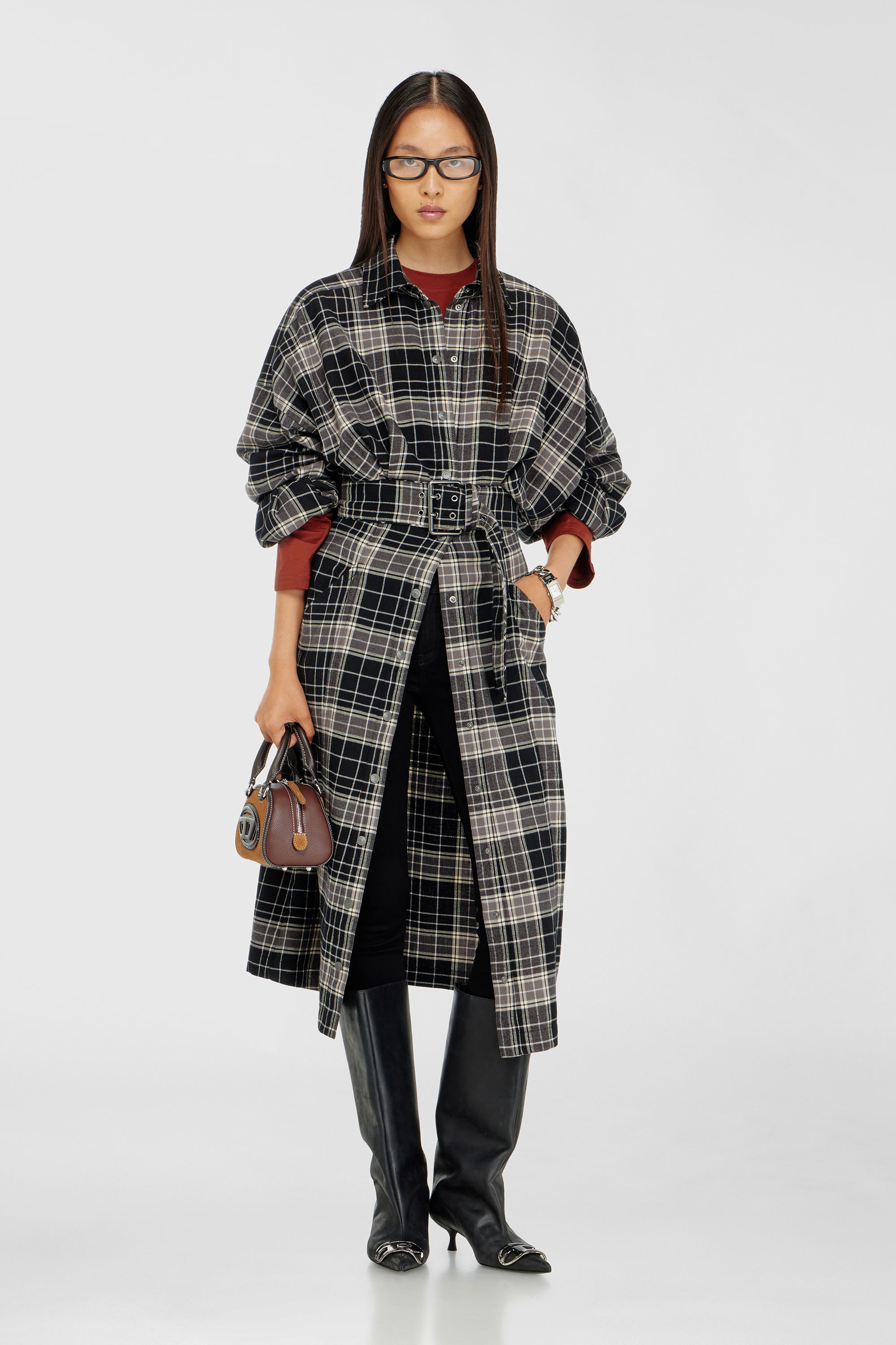 Midi dress in check flannel with wide belt