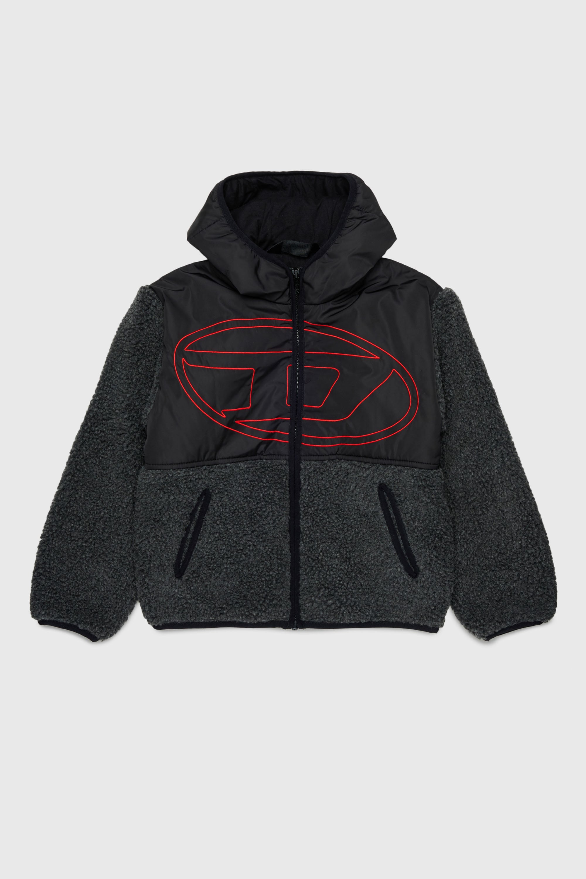 Diesel - JSHEAR, Man's Hooded jacket in nylon and teddy fleece in Black - 1
