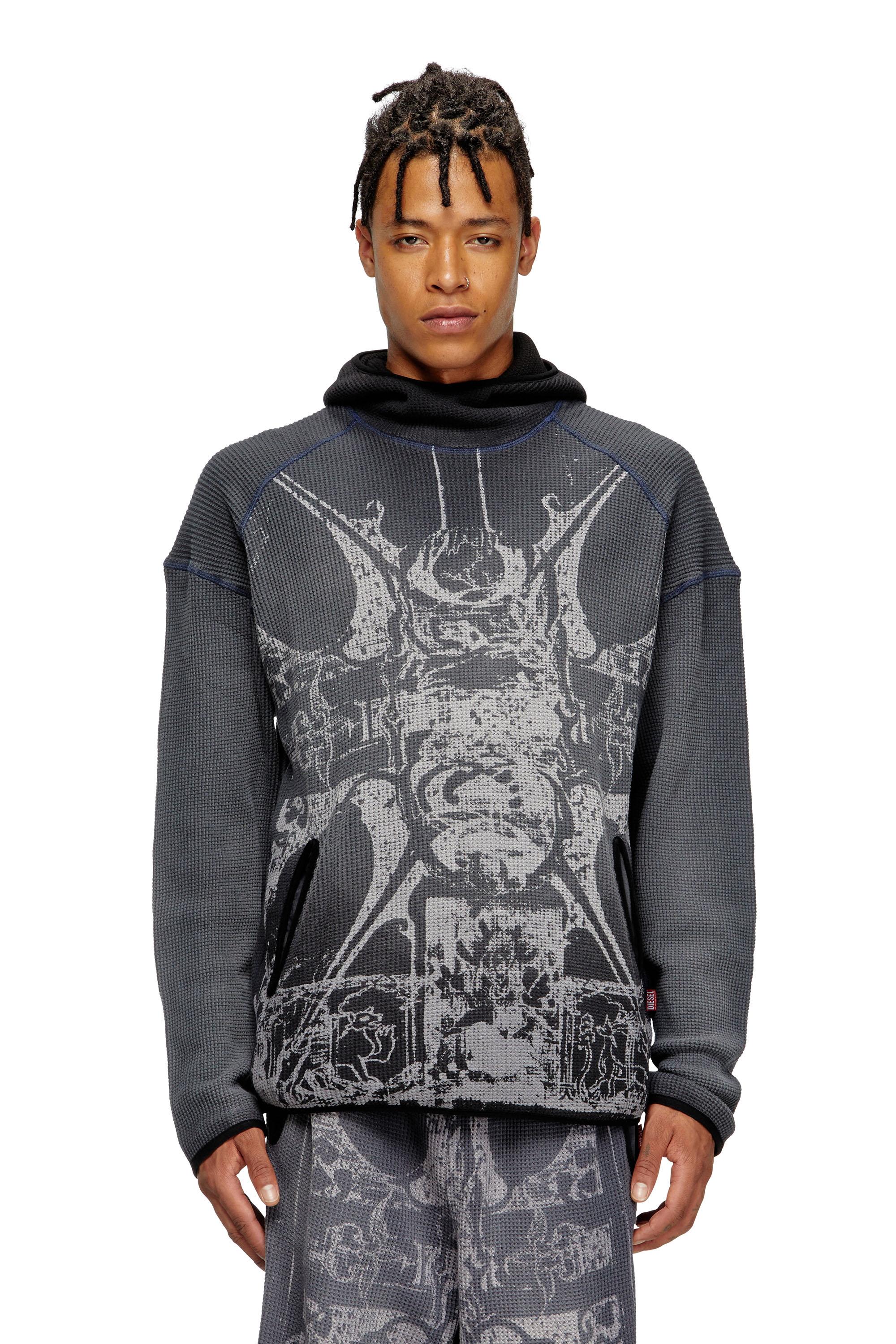 Diesel - S-WAF-HOOD-NEW, Man's Faded waffle hoodie with graphic print in Black - 3