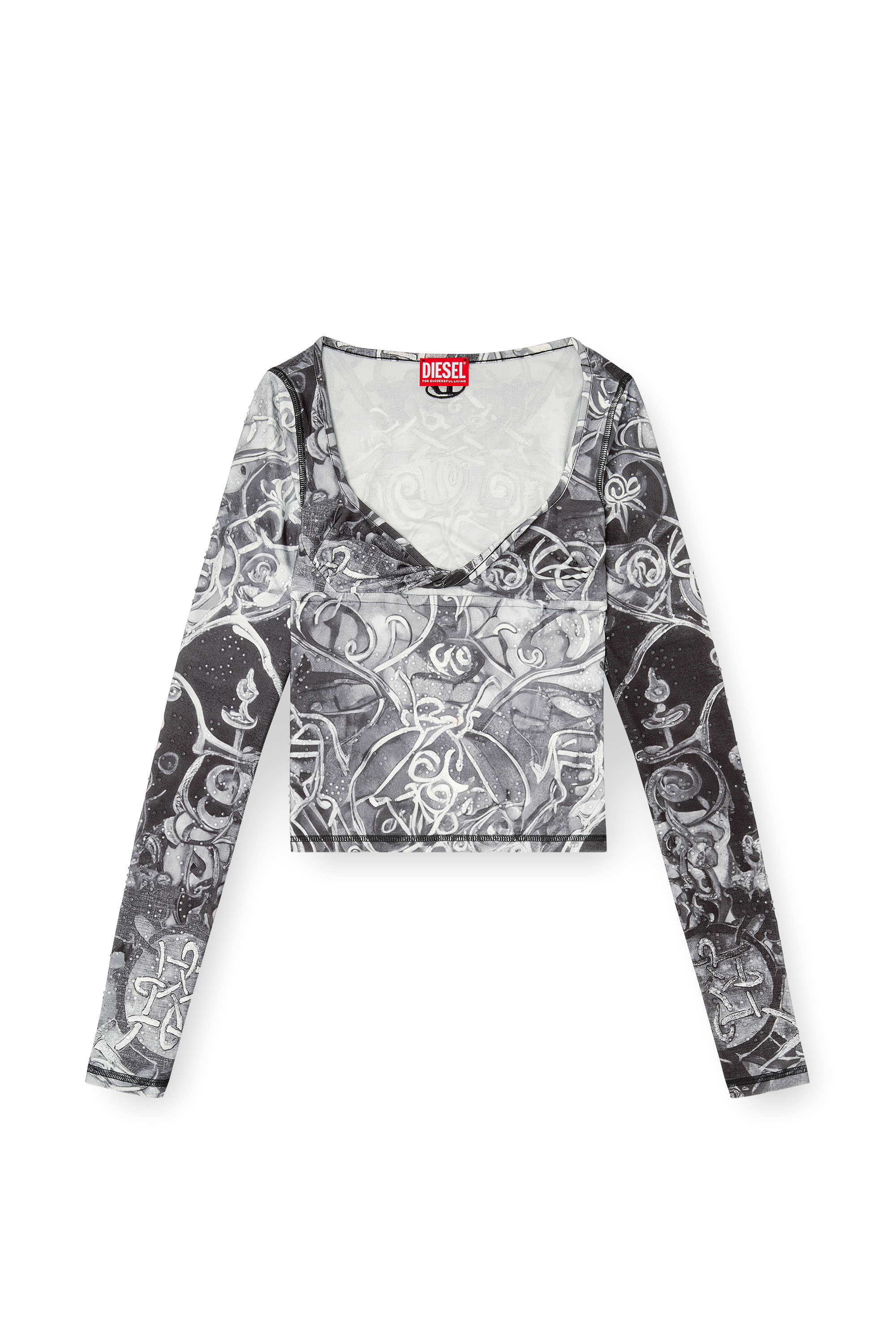 Diesel - T-ANTICA-LS, Woman's Printed top with crystal droplets in Grey - 2
