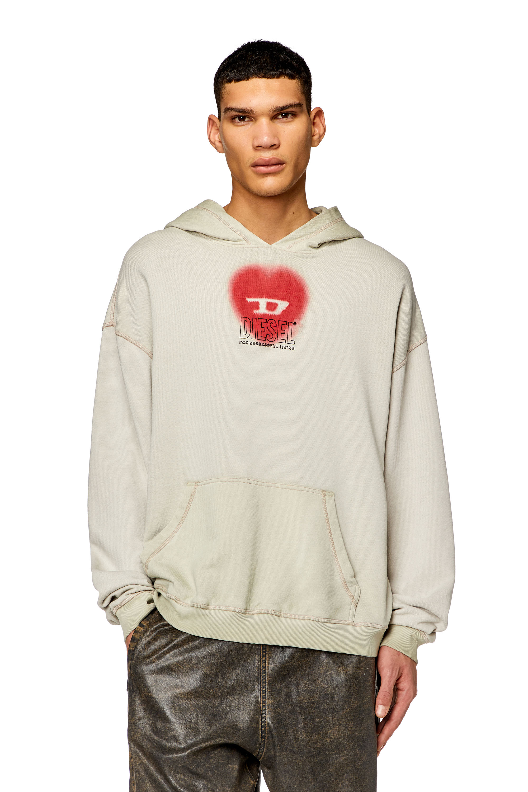 Diesel - S-BOXT-HOOD-N10, Man Faded hoodie with heart print in Beige - Image 1