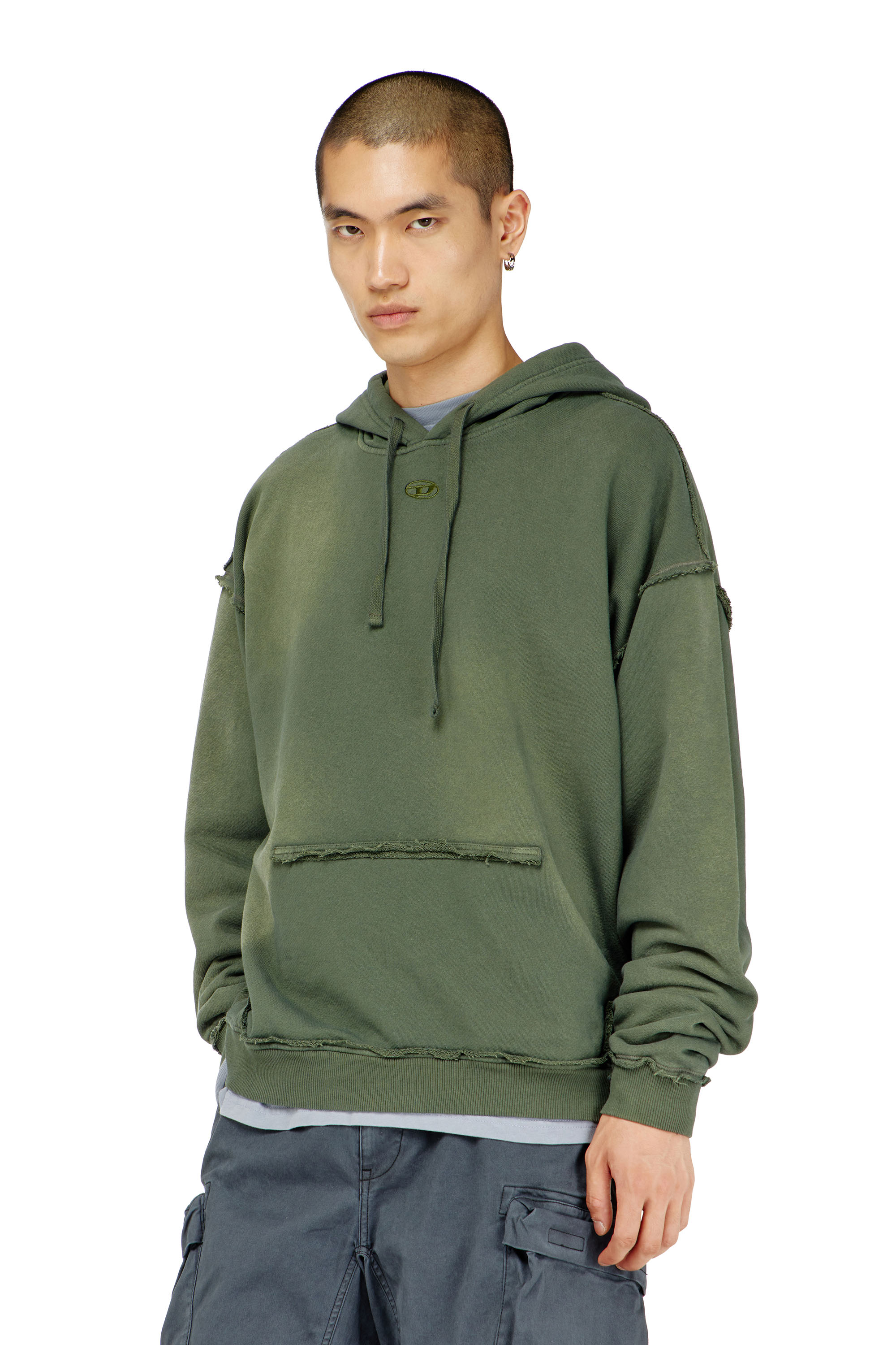 Diesel - S-POCK-HOOD, Man's Faded cotton hoodie with frayed details in Military Green - 1
