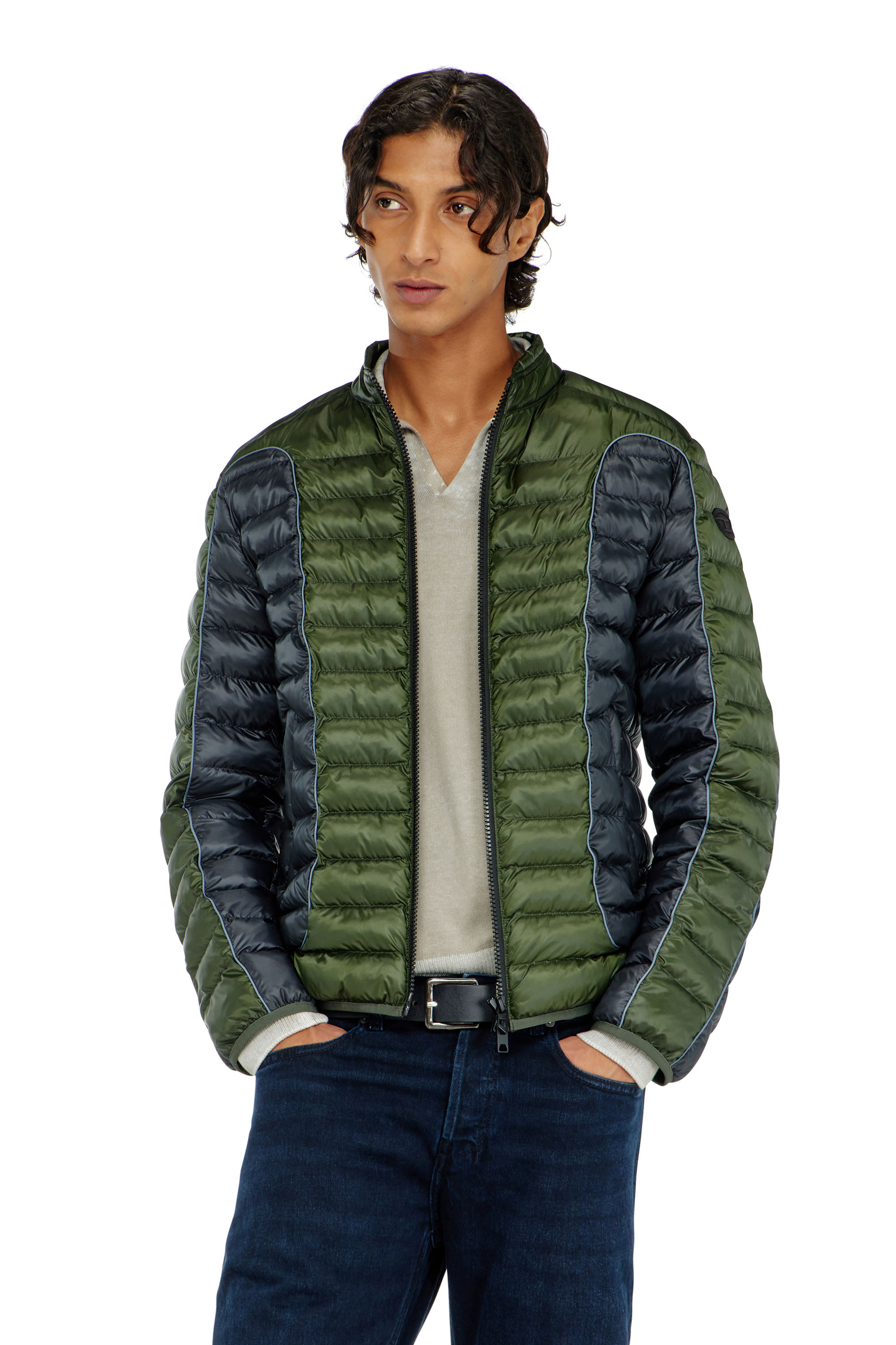 Diesel - W-PILOT-BLOCK, Man's Biker-style puffer jacket with colour-block design in Grey/Green - 1