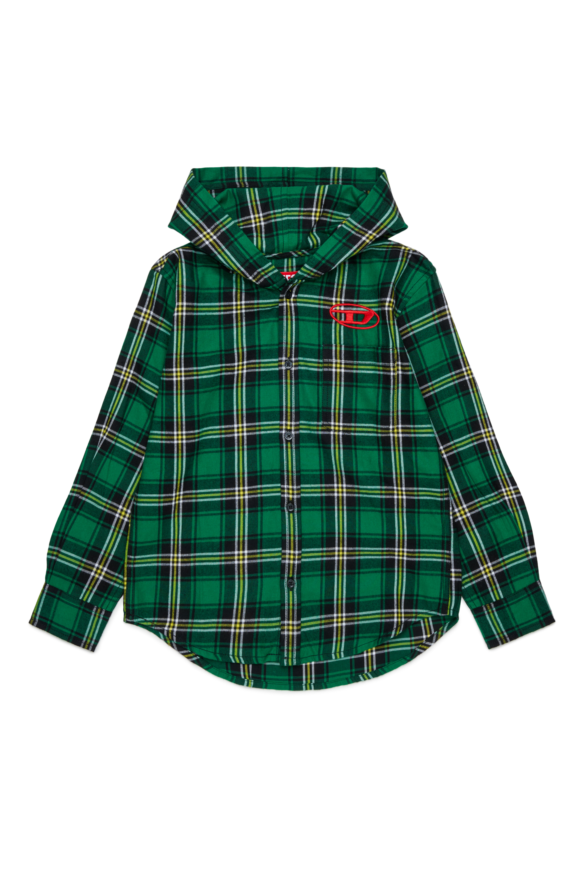 Diesel - CHECK OVER, Man's Hooded check shirt with Oval D embroidery in Green - 1