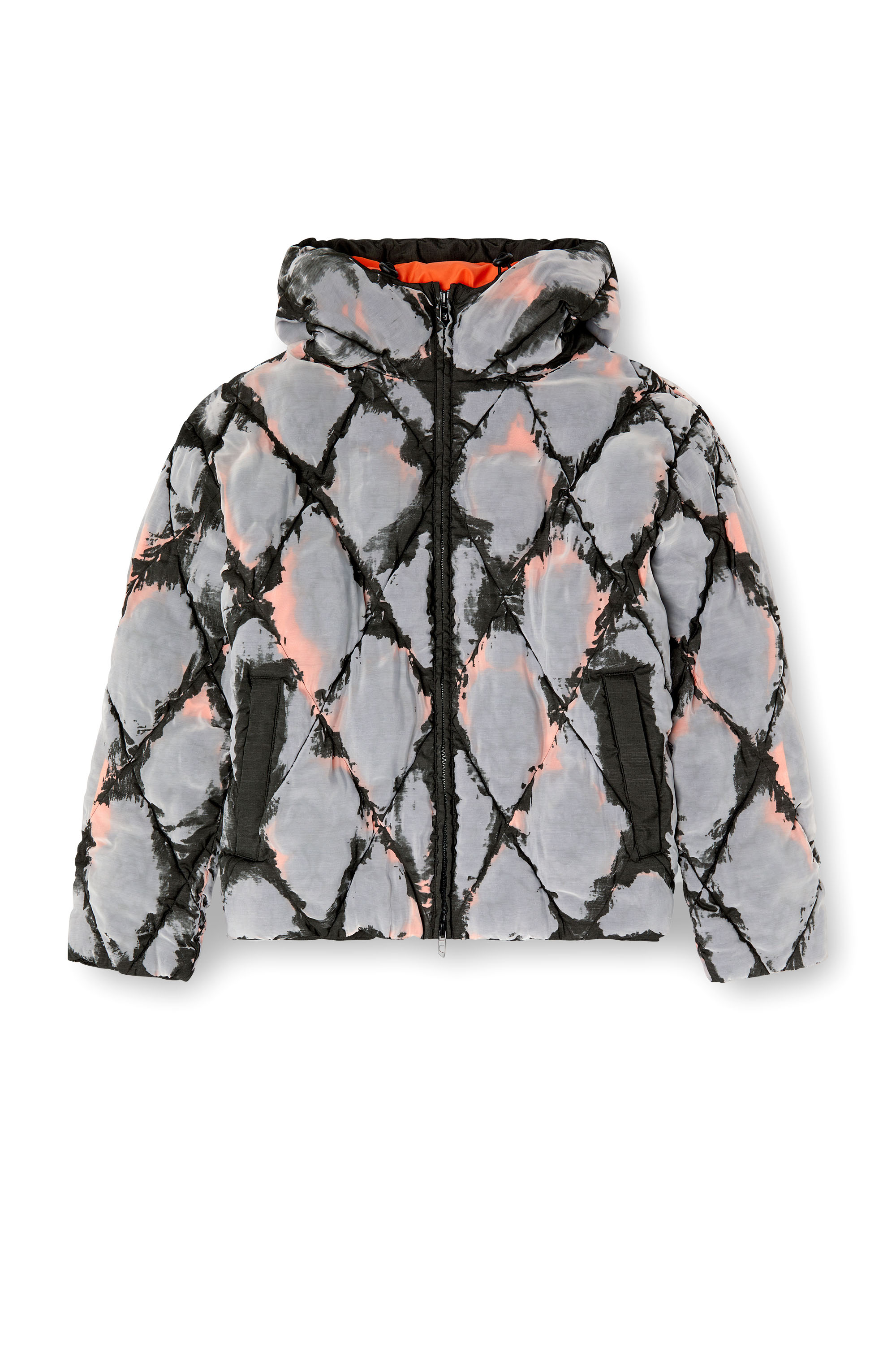 Diesel - W-DOM, Man's Hooded devoré argyle puffer jacket in Black/Red - 3