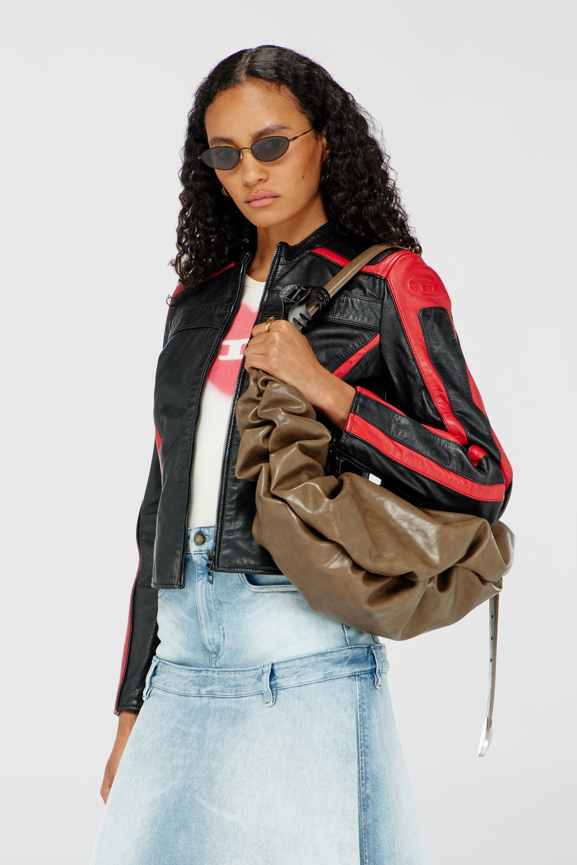 Diesel - L-OVABLE, Woman's Biker jacket in colour-block leather in Black/Red - 1