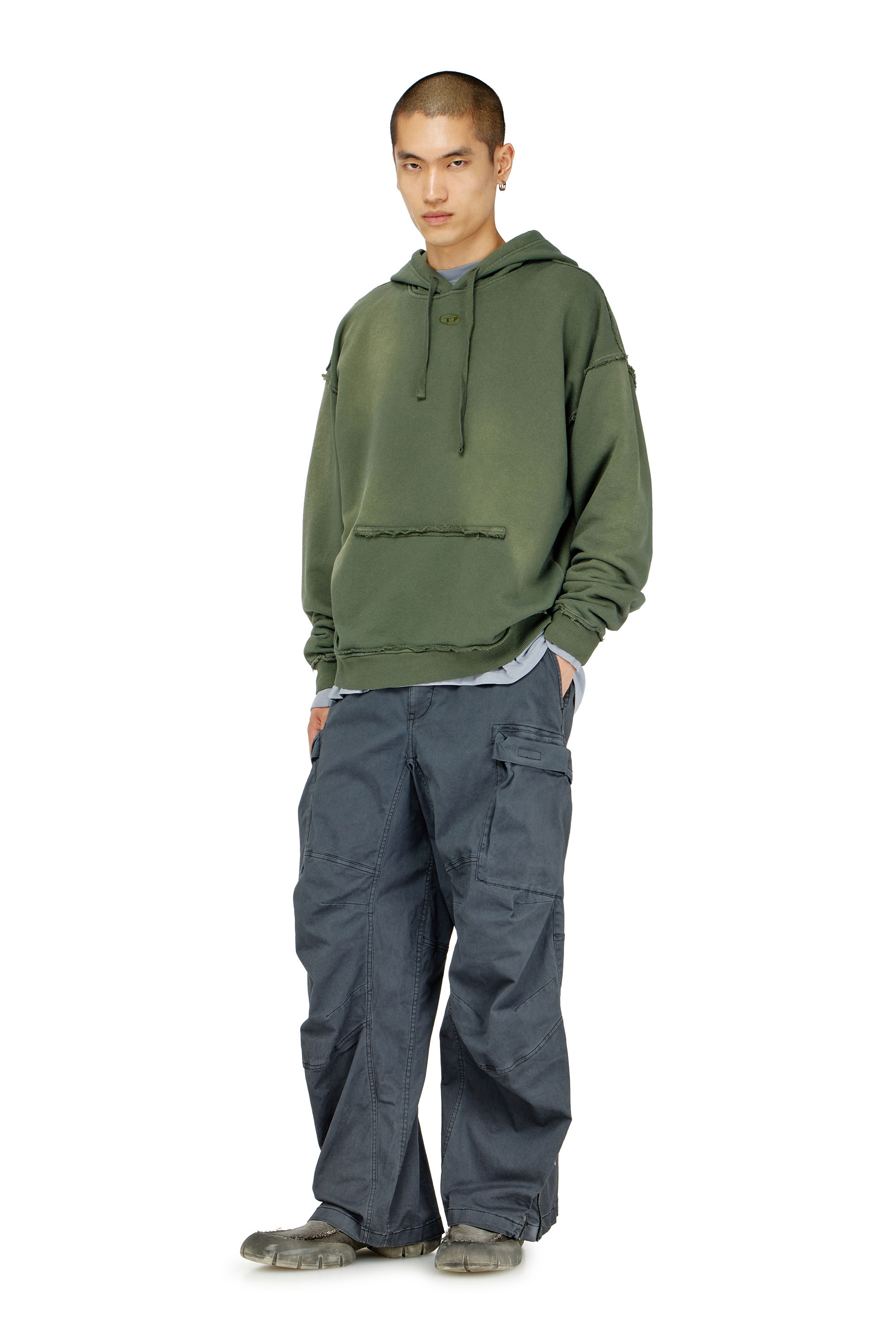 Diesel - S-POCK-HOOD, Man's Faded cotton hoodie with frayed details in Military Green - 2