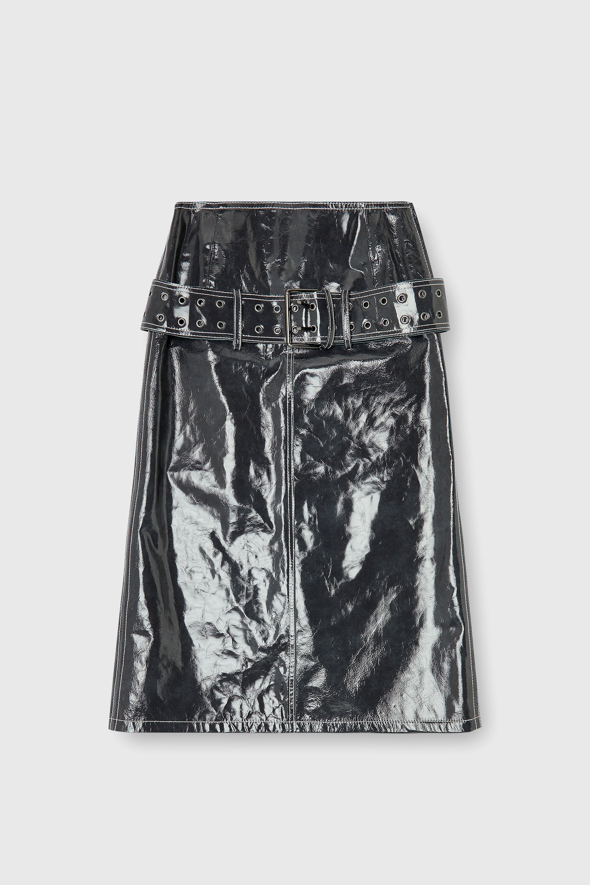 Diesel - L-ASCAR, Woman's Patent-leather midi skirt with belt in Dark grey - 2