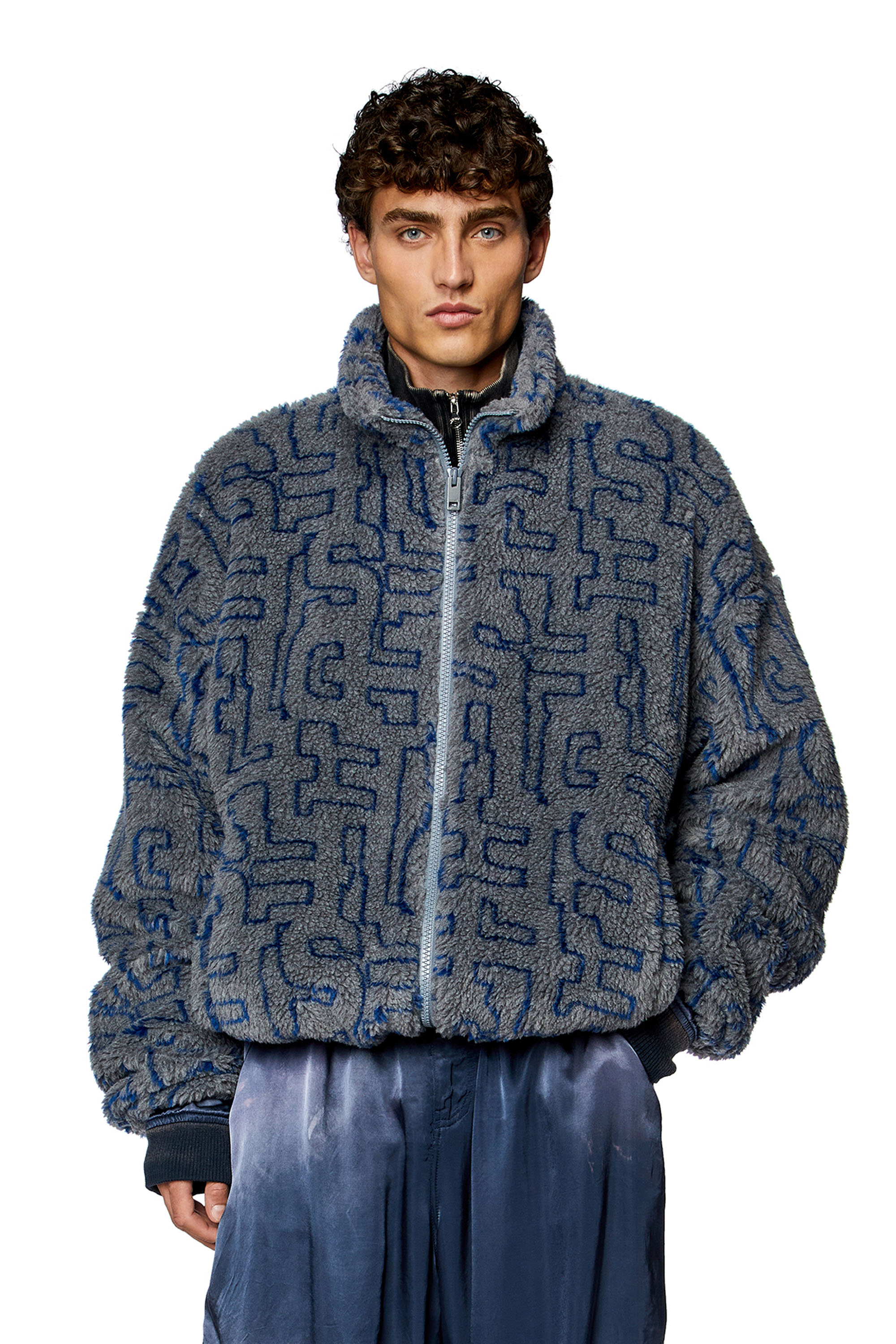 Diesel - S-LUCK, Man Teddy fleece jacket with Diesel monogram in Grey - Image 1