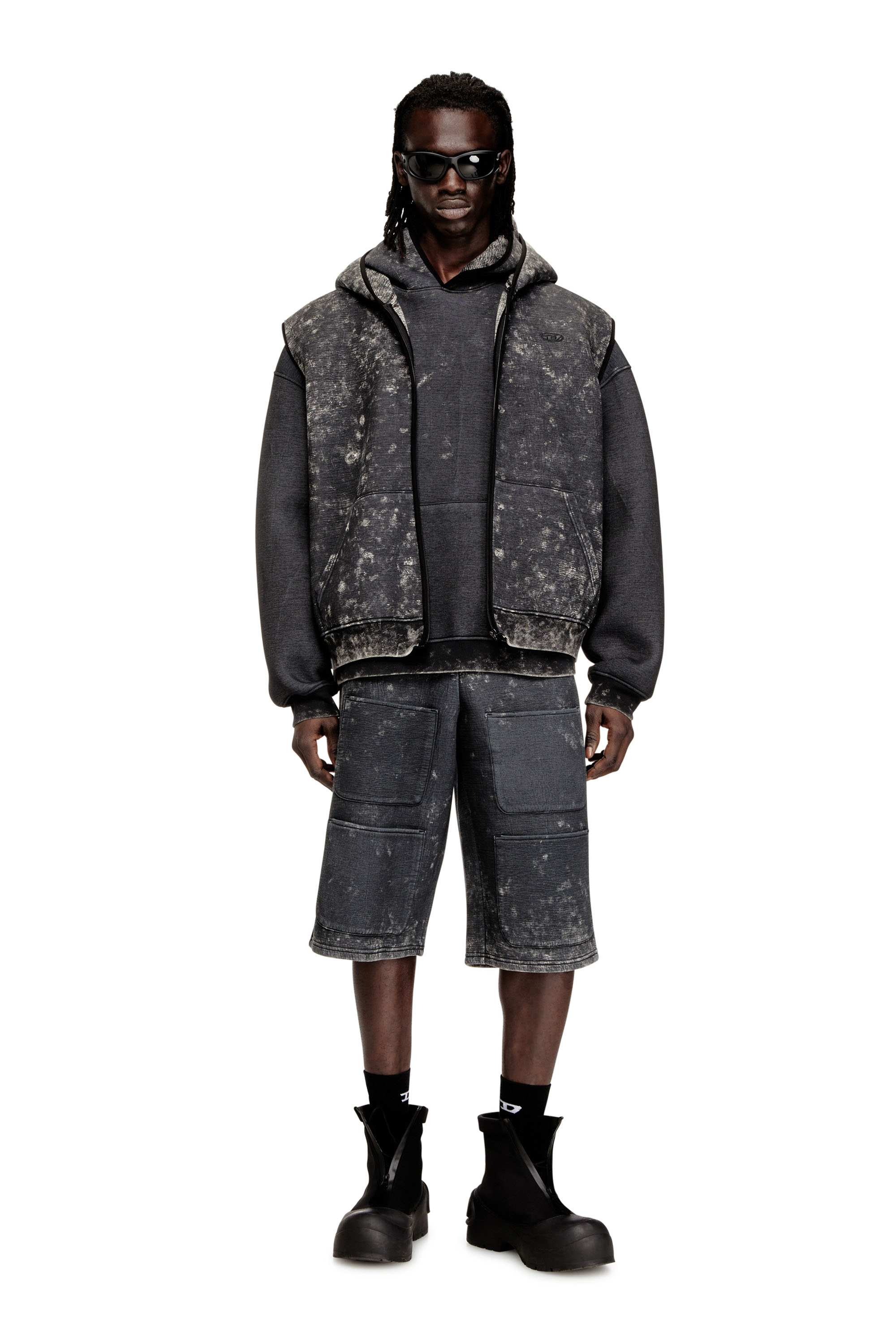 Diesel - S-TYP, Unisex's Wide-leg shorts in marble-effect scuba in Black/Dark grey - 4