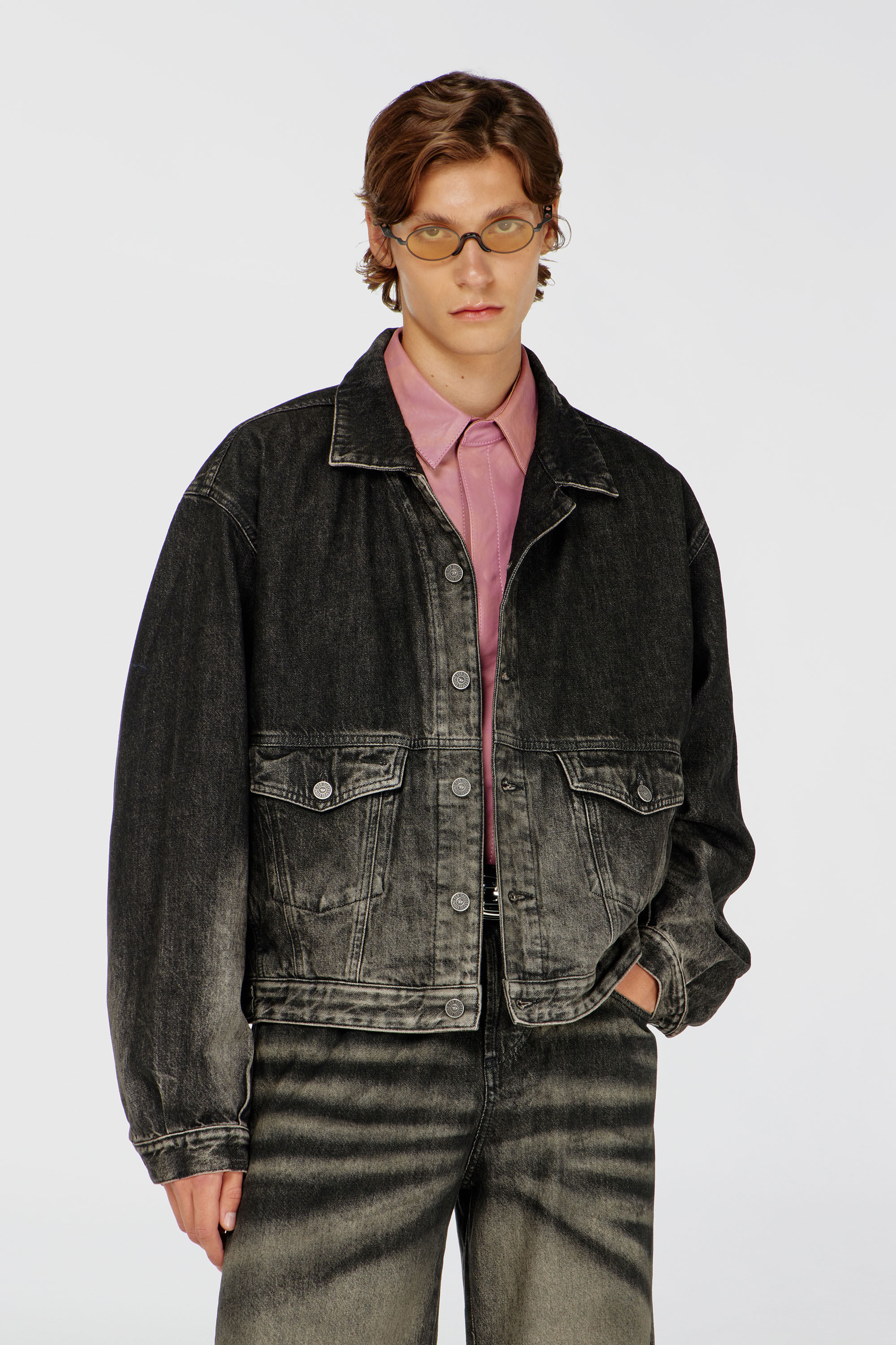 Diesel - D-MORGHI-FSJ, Man's Trucker jacket in dirty-effect denim in Black/Dark grey - 3