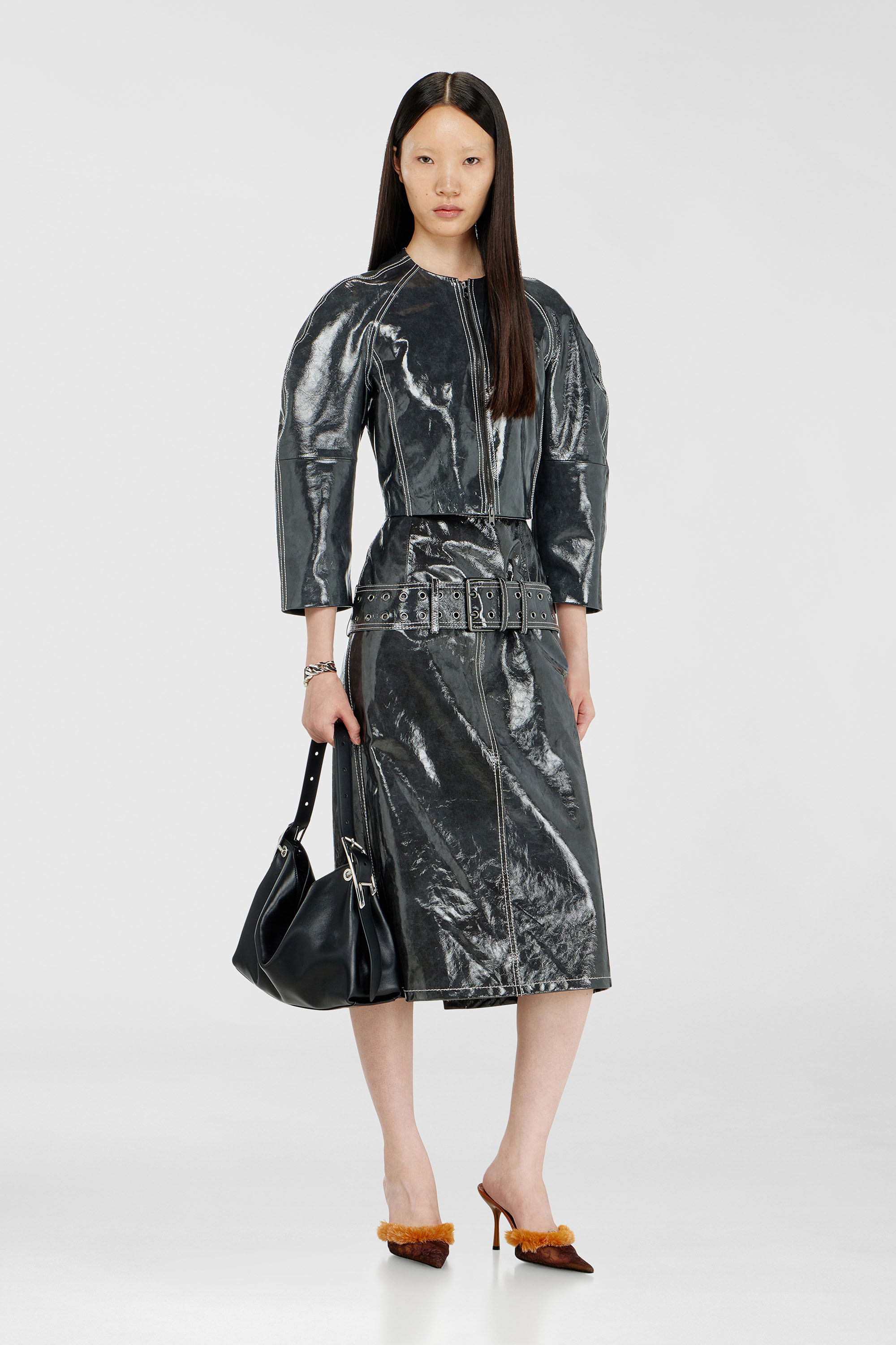 Patent-leather midi skirt with belt