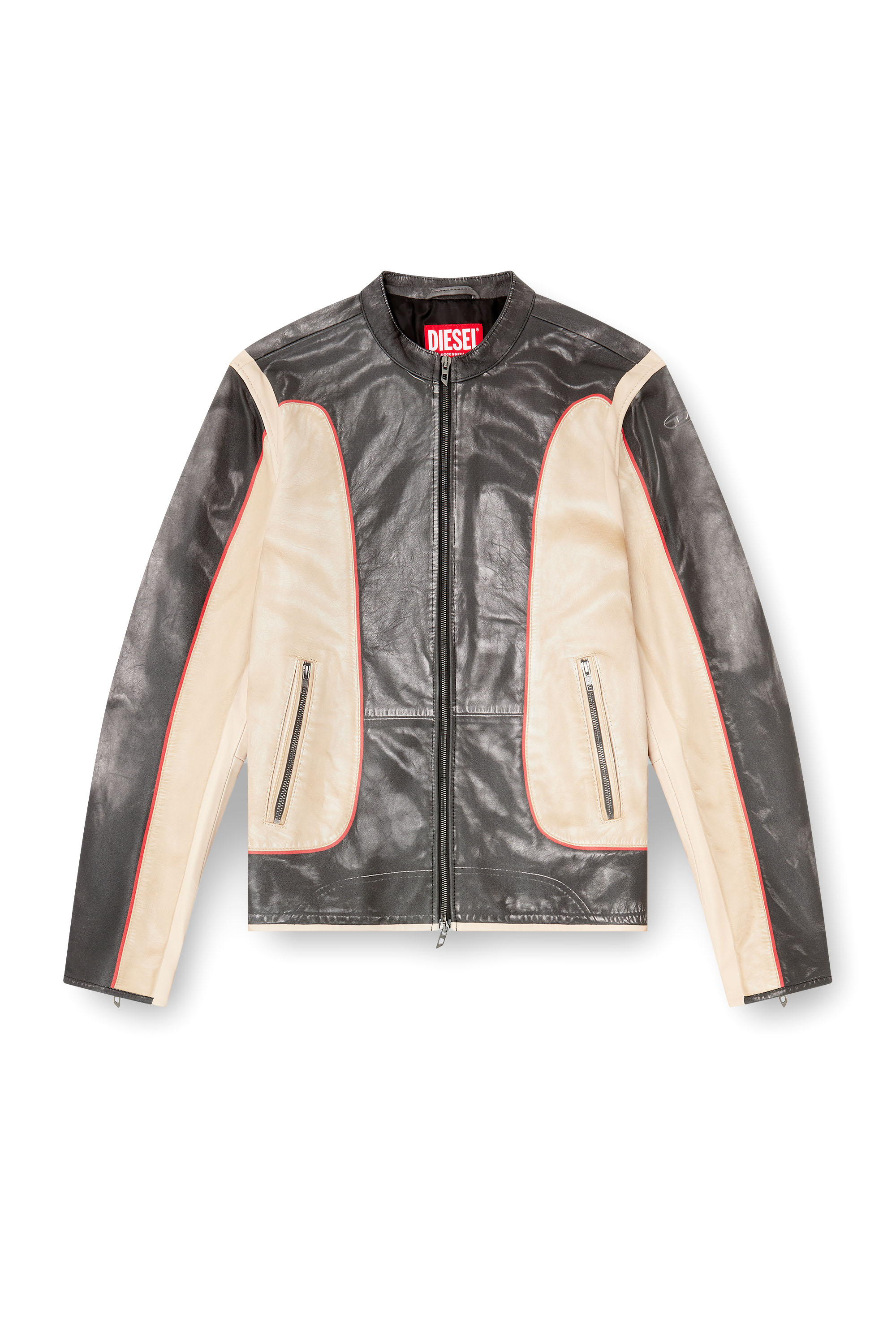 Diesel - L-EVERT, Man's Trompe l'oeil-effect leather biker jacket in Beige/Black - 2