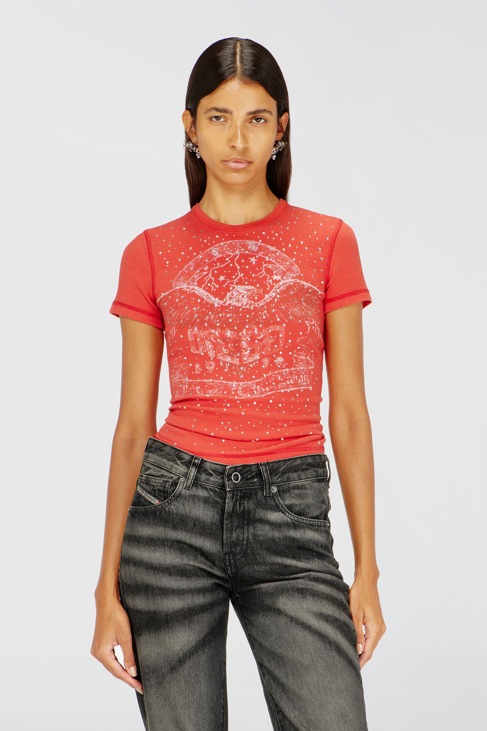 Diesel - T-MARSY-RIB-CRY, Woman's T-shirt with concert graphics and crystals in Red - 1