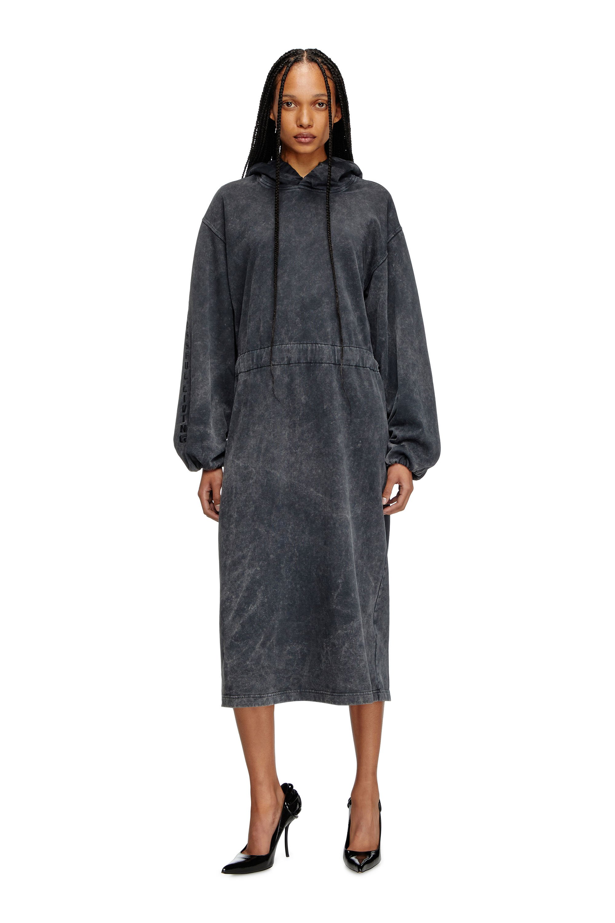 Diesel - D-QUIND, Woman's Balloon-shaped hooded midi dress in Dark grey - 1