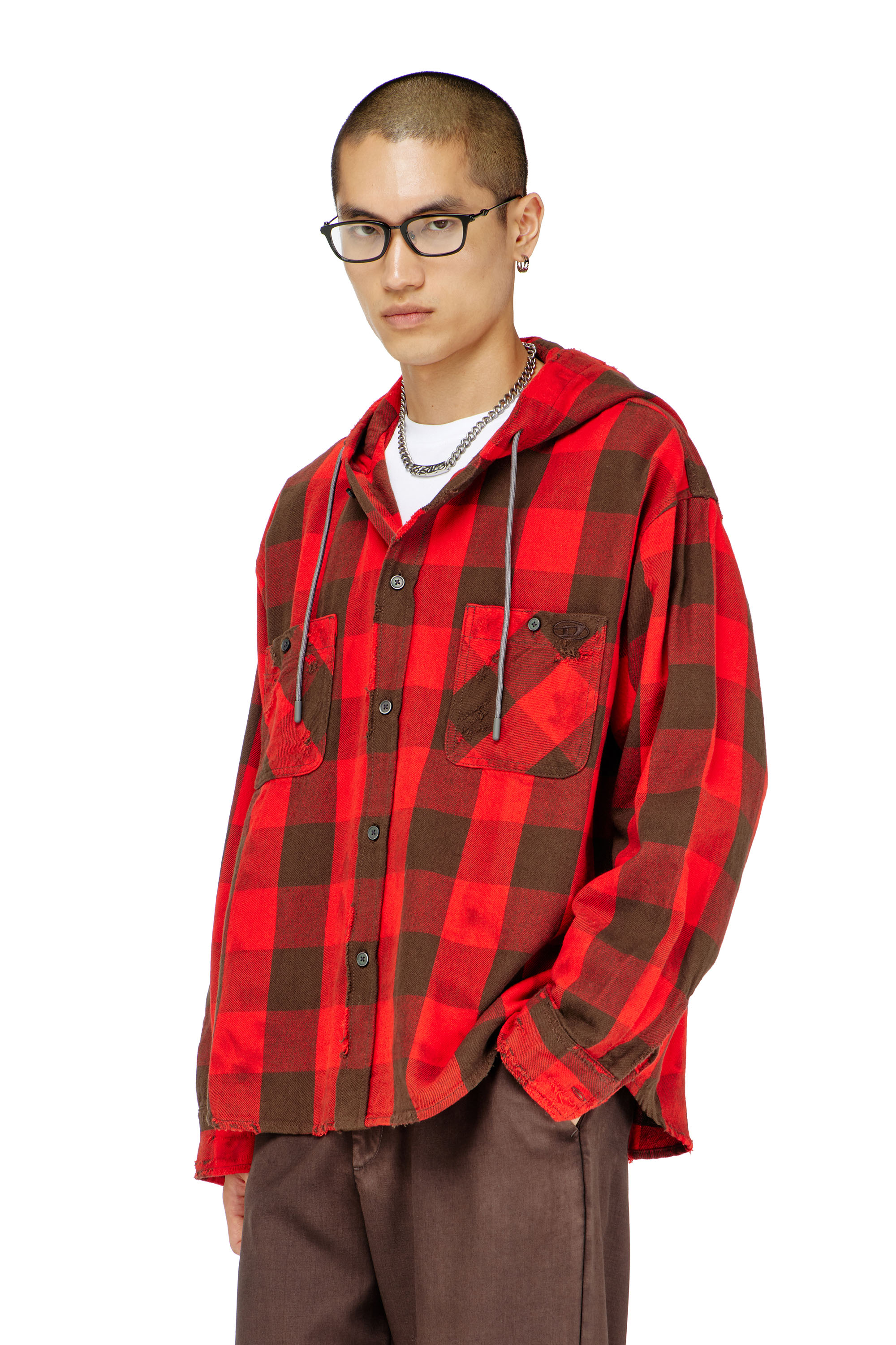 Diesel - S-DRUM-HOODY, Man's Distressed hooded shirt in check flannel in null - 3