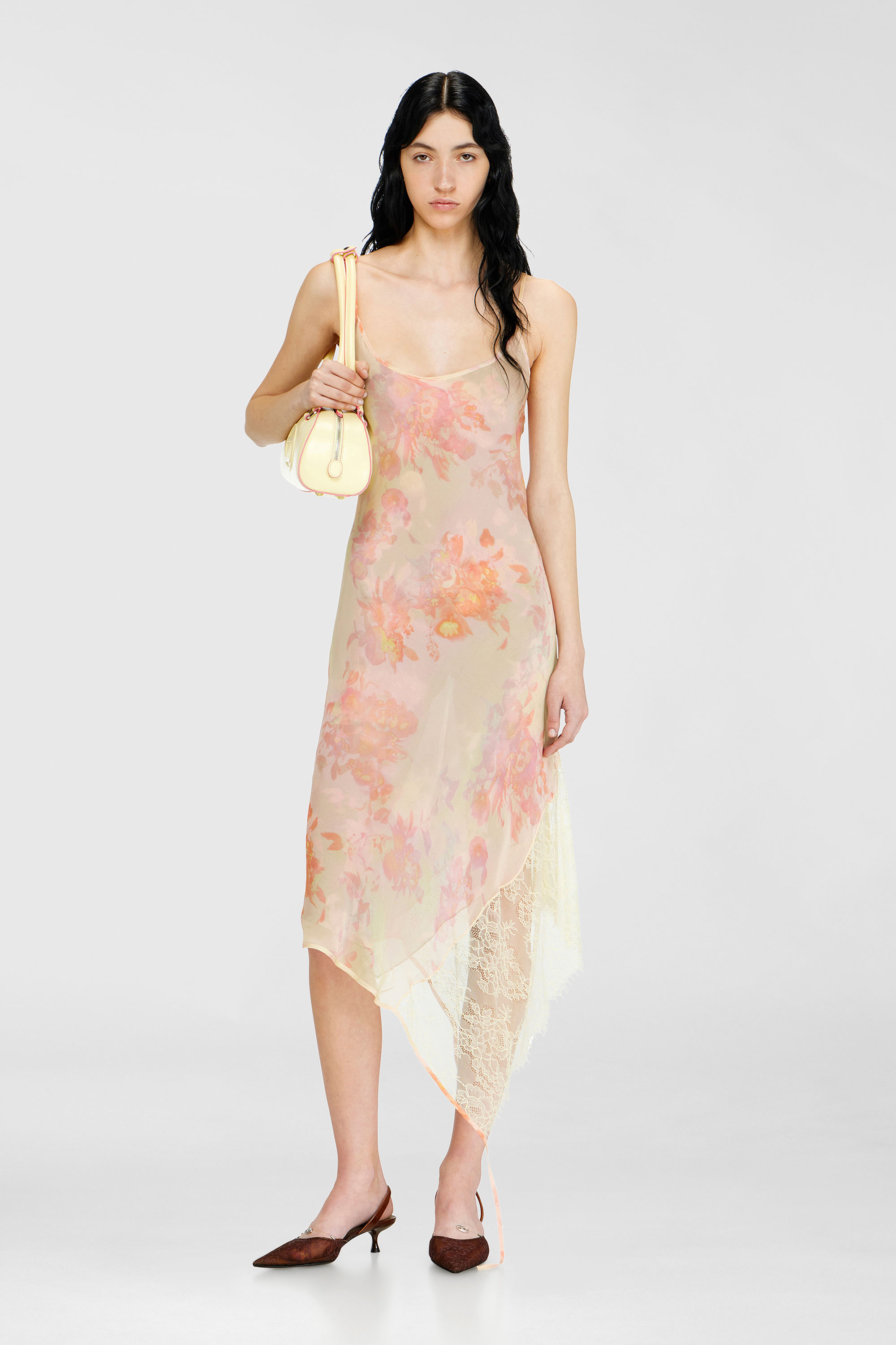 Midi slip dress with floral print and lace trim