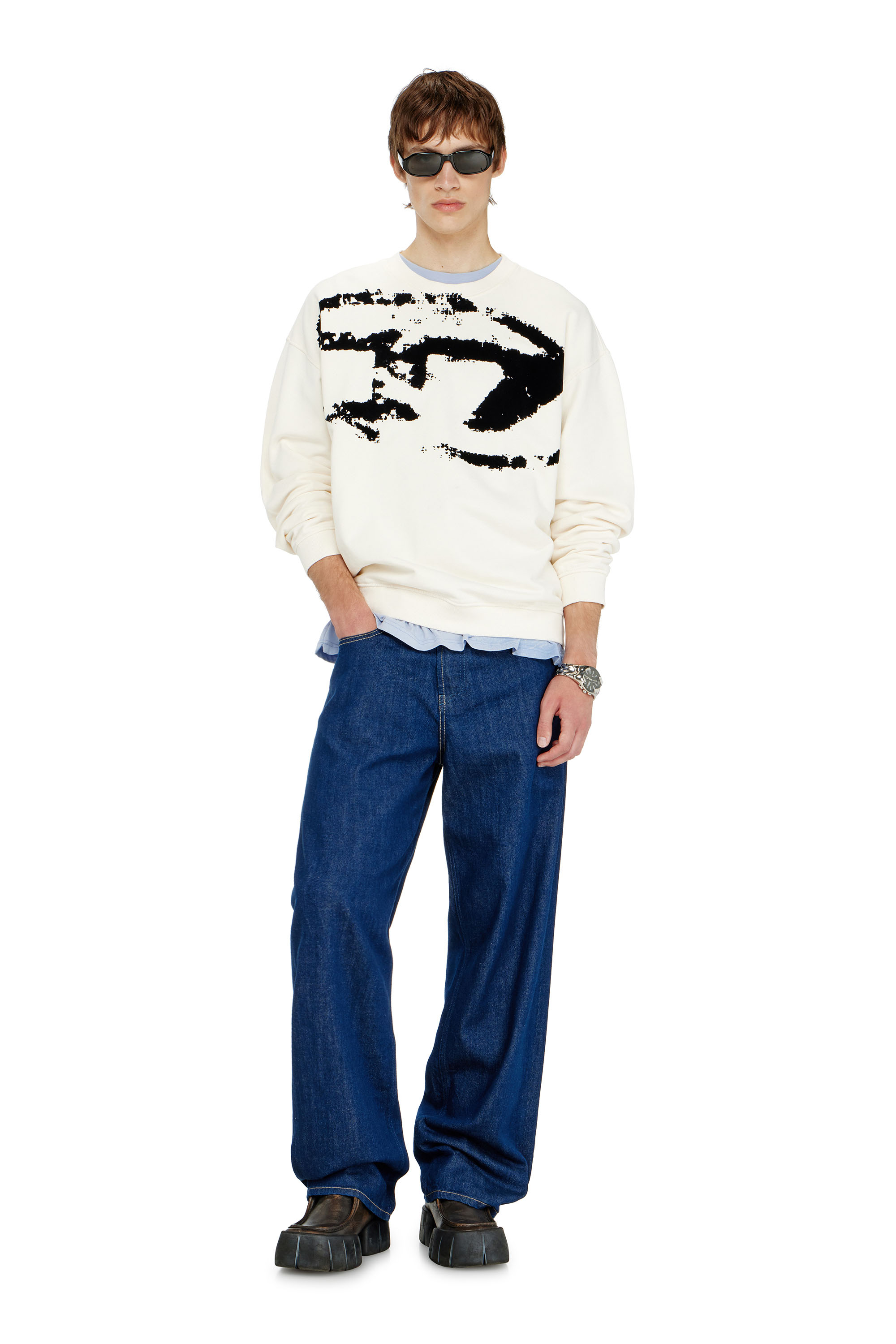 Diesel - S-BOXT-N5, Man's Cotton sweatshirt with flocked Oval D in Black/White - 2