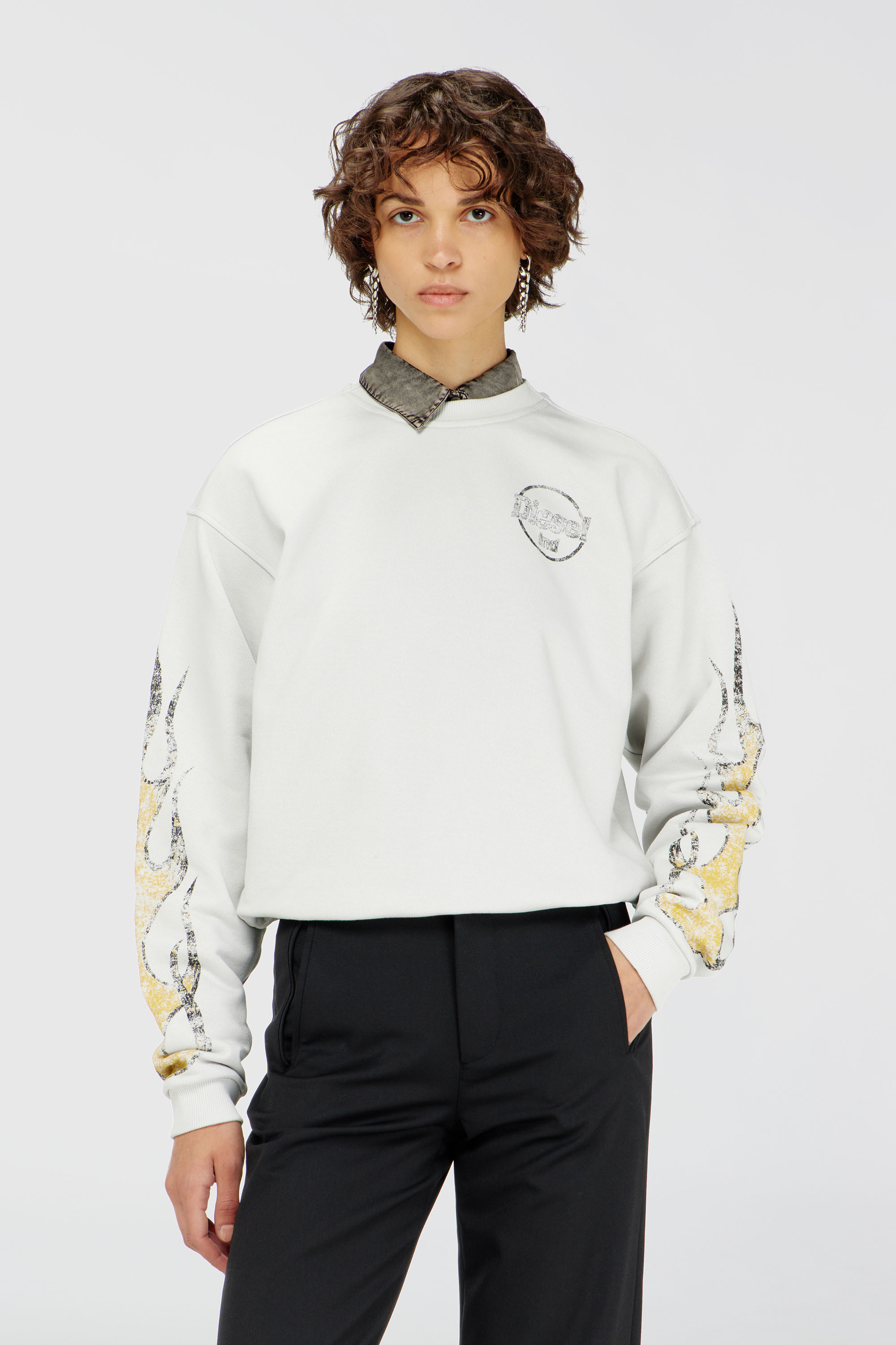 Diesel - F-CREWY-B3, Woman's Drawstring-hem sweatshirt with crack print in White - 1
