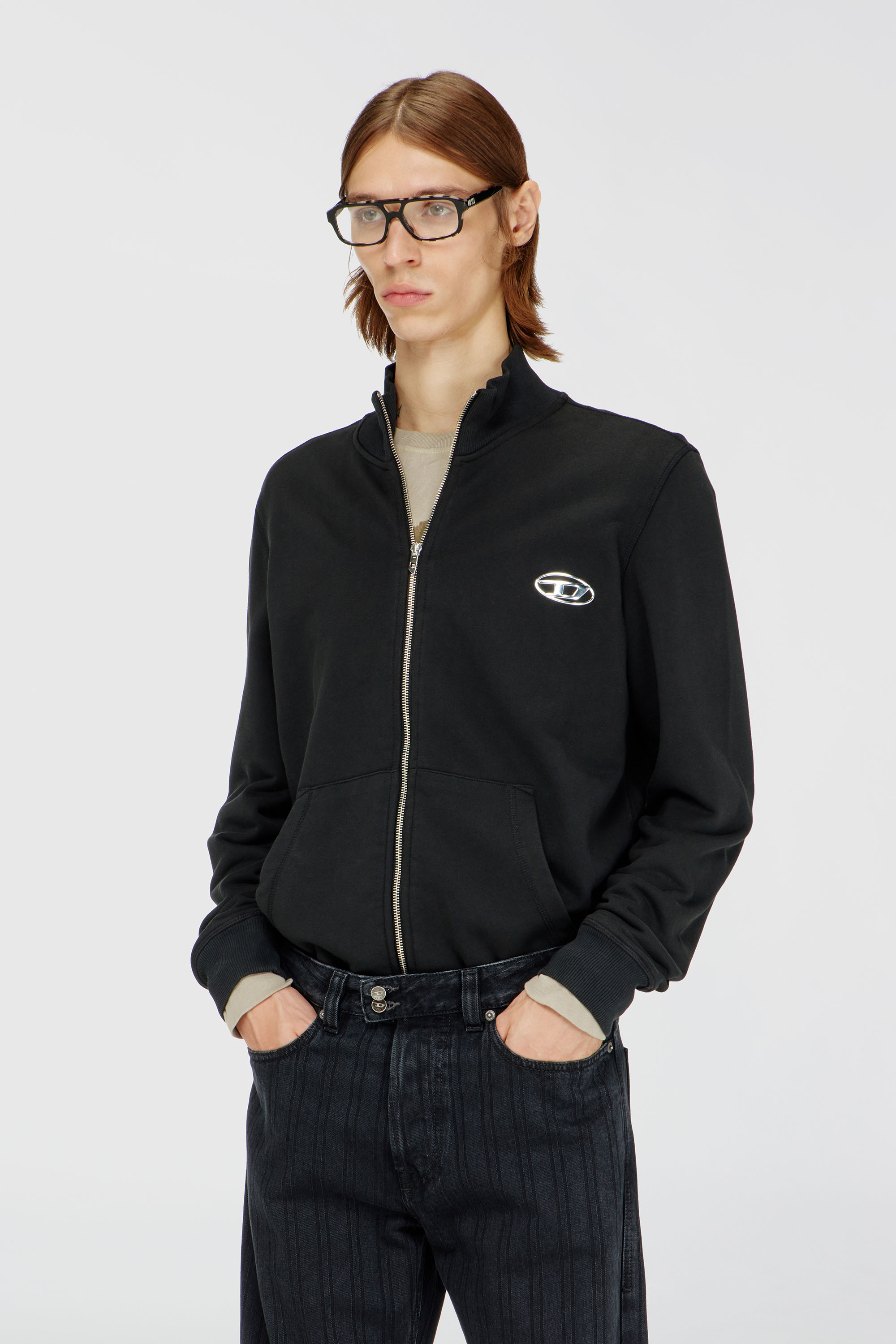 Diesel - S-GINN-ZIP-IOD, Man's Wweatshirt with mock neck and metallic Oval D in Black - 1