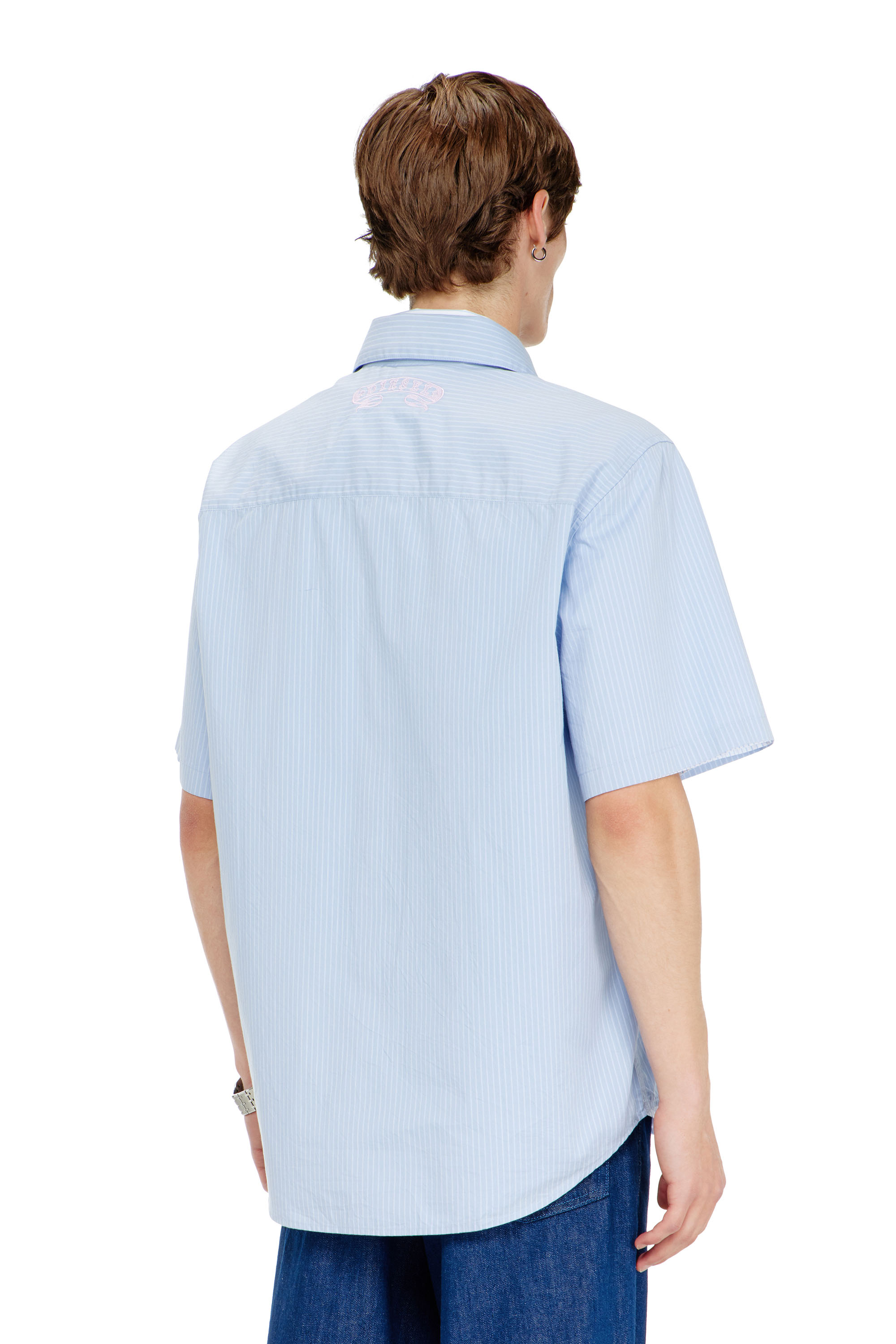 Diesel - S-SIMPLY-SS-AGCZ, Man's Striped poplin shirt with embroidered patch in Light Blue - 4