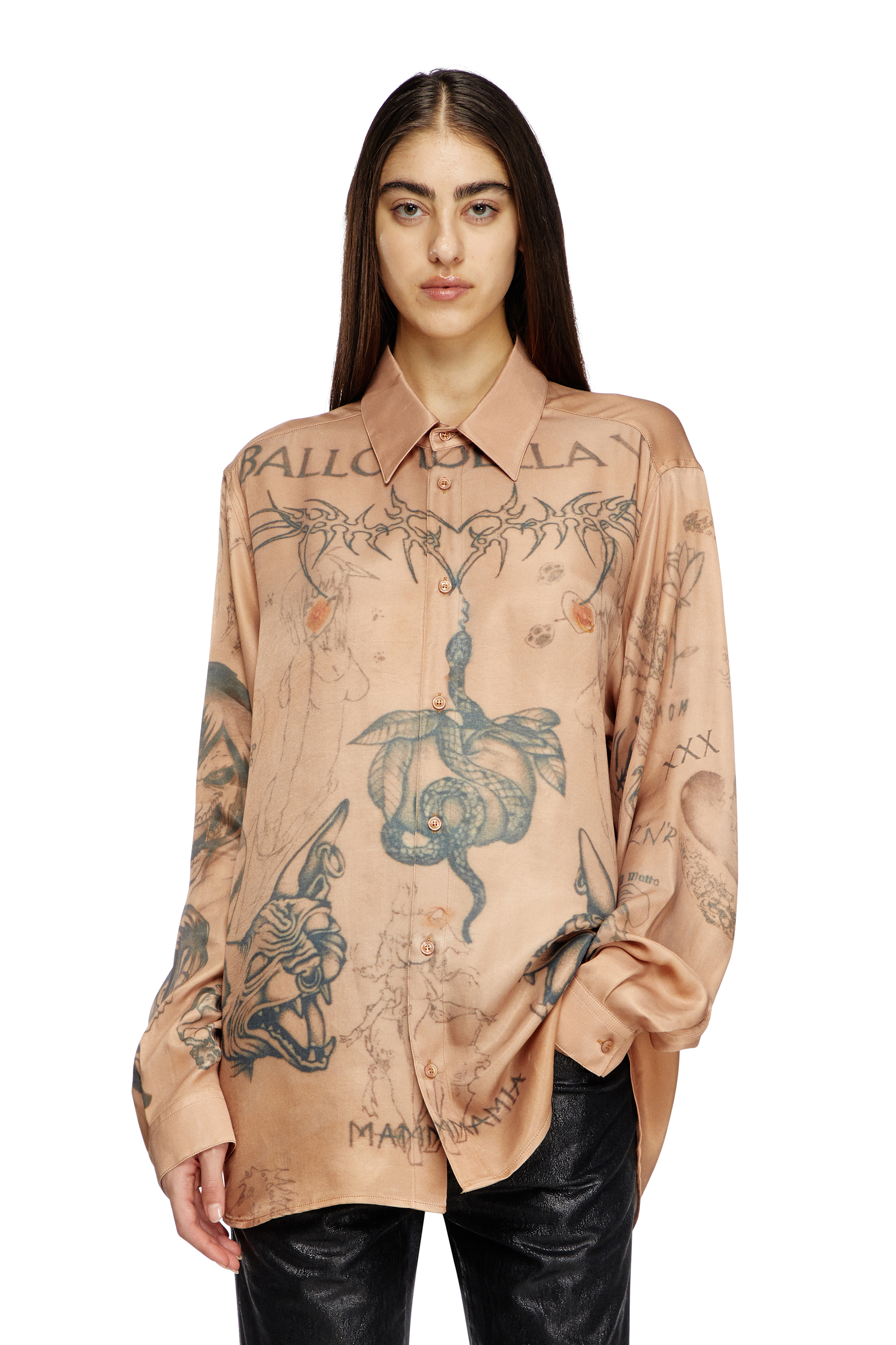 Diesel - S-SIMPLY-TTO-DD, Unisex's Fluid satin shirt with tattoo print in Beige - 7