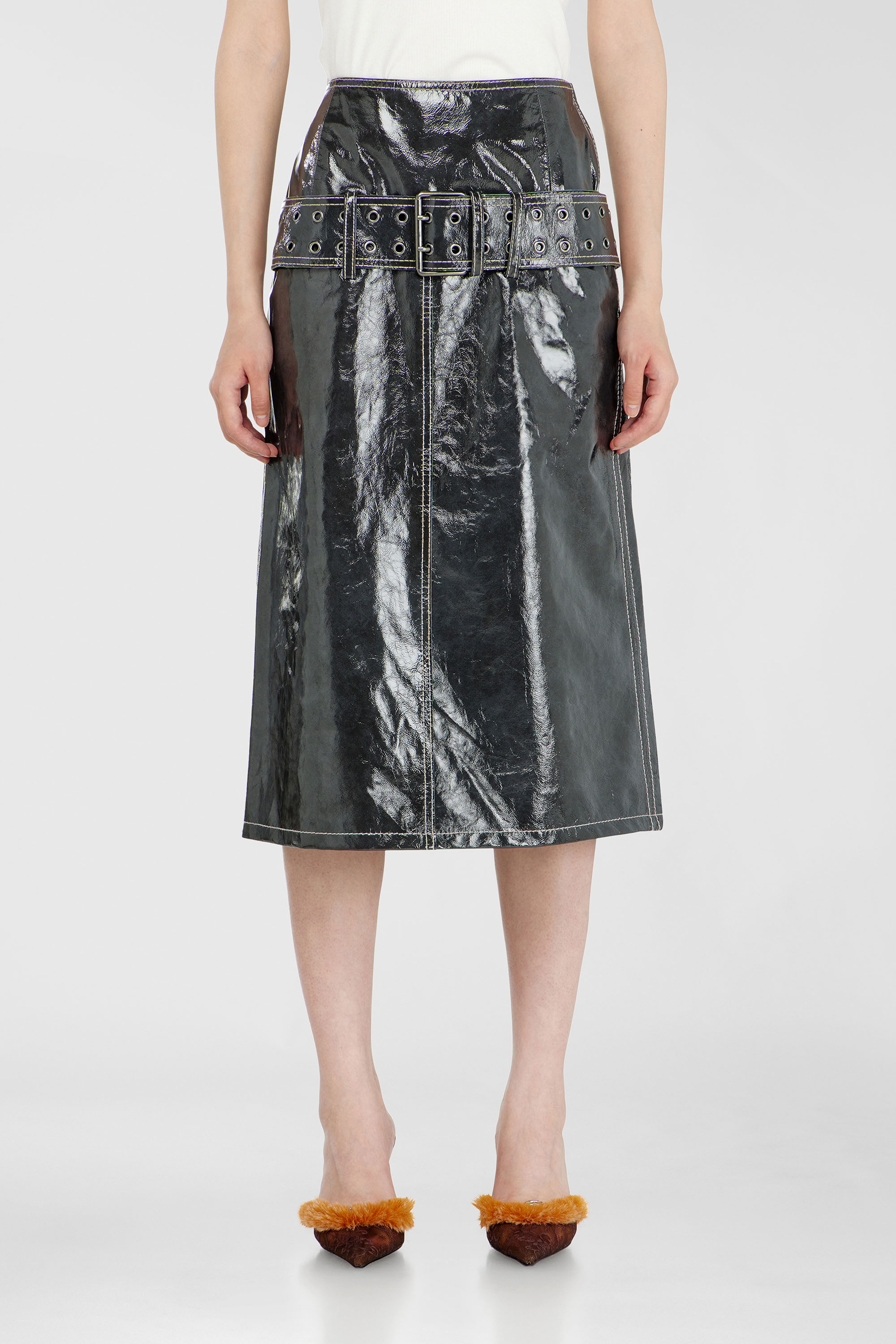 Diesel - L-ASCAR, Woman's Patent-leather midi skirt with belt in Dark grey - 3