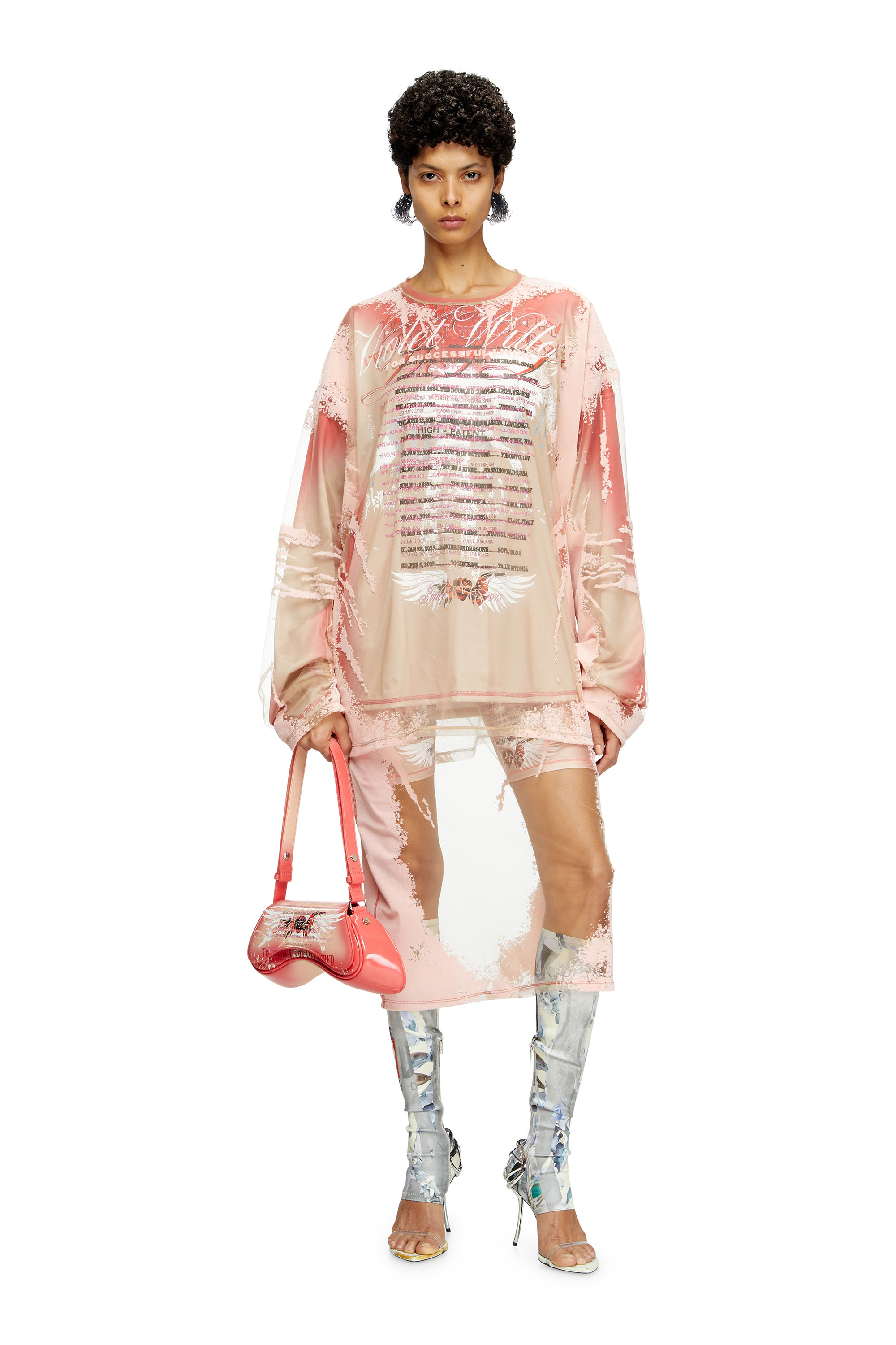 O-LYAC, Face Powder Diesel - O-LYAC, Woman's Layered midi skirt with lyrics print in Face Powder - 1