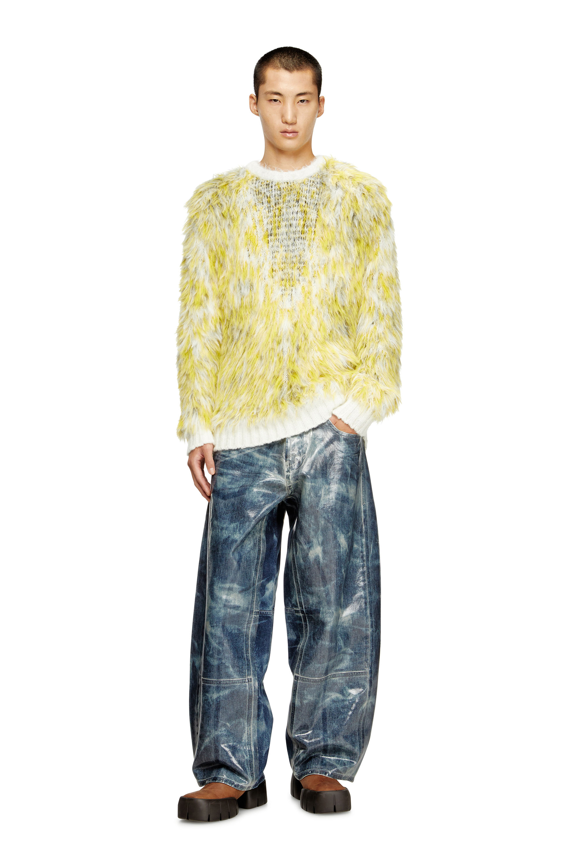 Diesel - K-ALLEN, Man's Jumper in fluffy jacquard knit in White/Yellow - 1