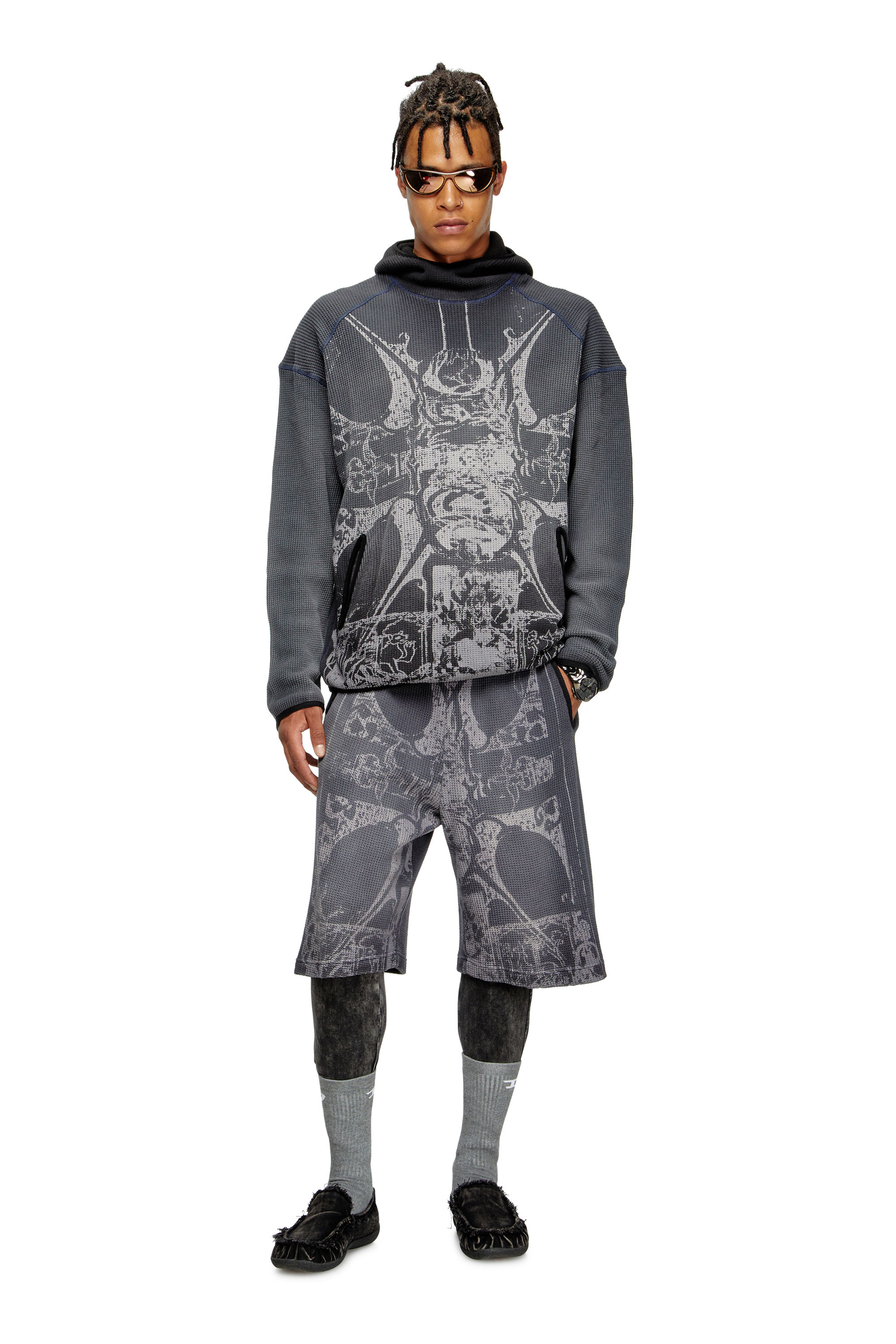 Diesel - S-WAF-HOOD-NEW, Man's Faded waffle hoodie with graphic print in Black - 1