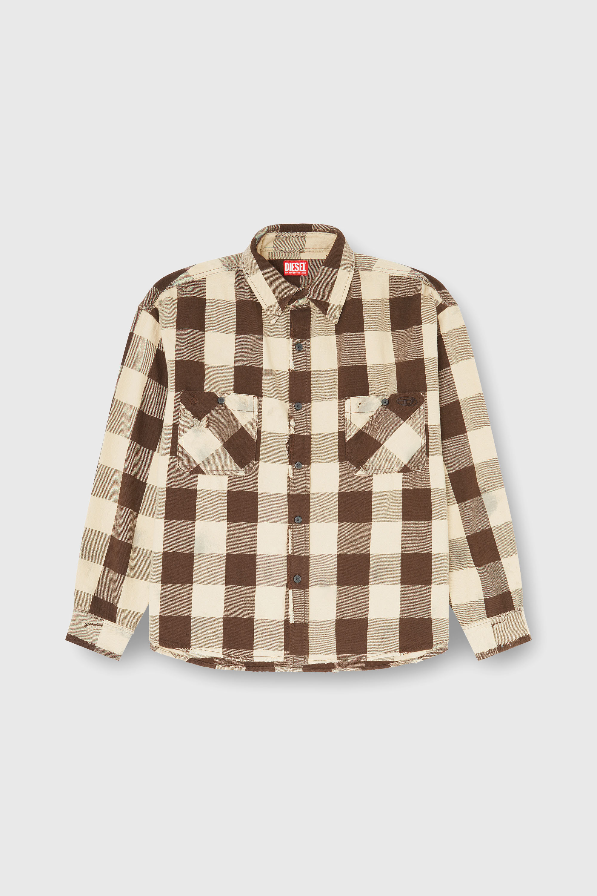 Diesel - S-DRUM, Man's Check flannel shirt with distressed effect in Beige/Brown - 2
