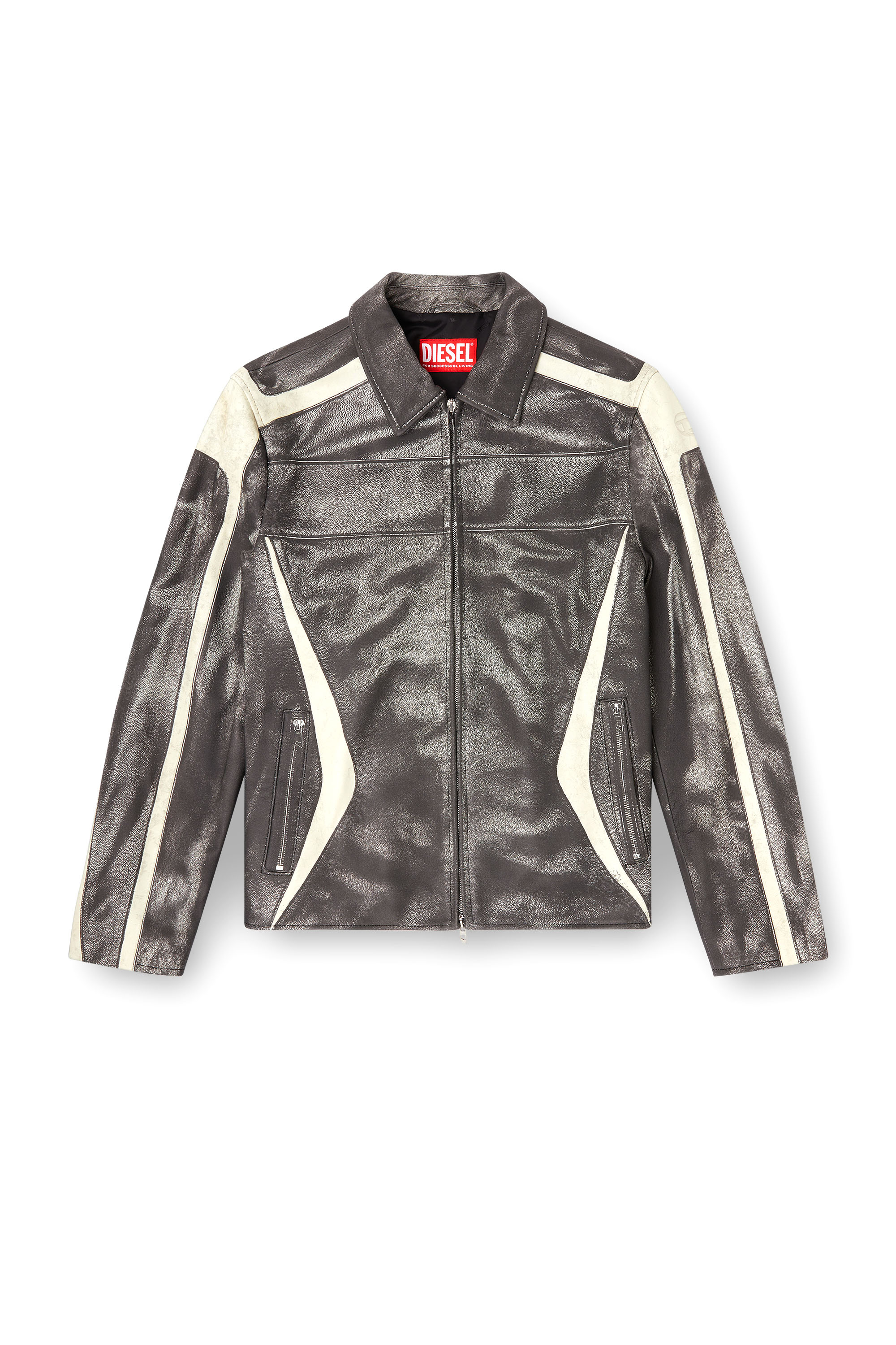 Diesel - L-AMAR-ENBI, Man's Leather coach jacket with biker print in Black/White - 2