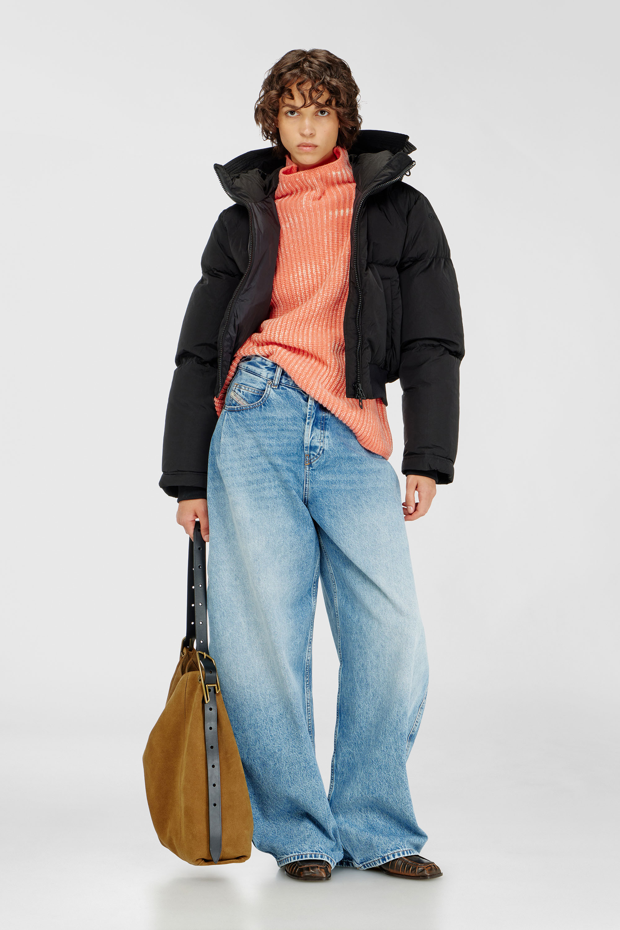 Hooded down jacket in crinkled nylon