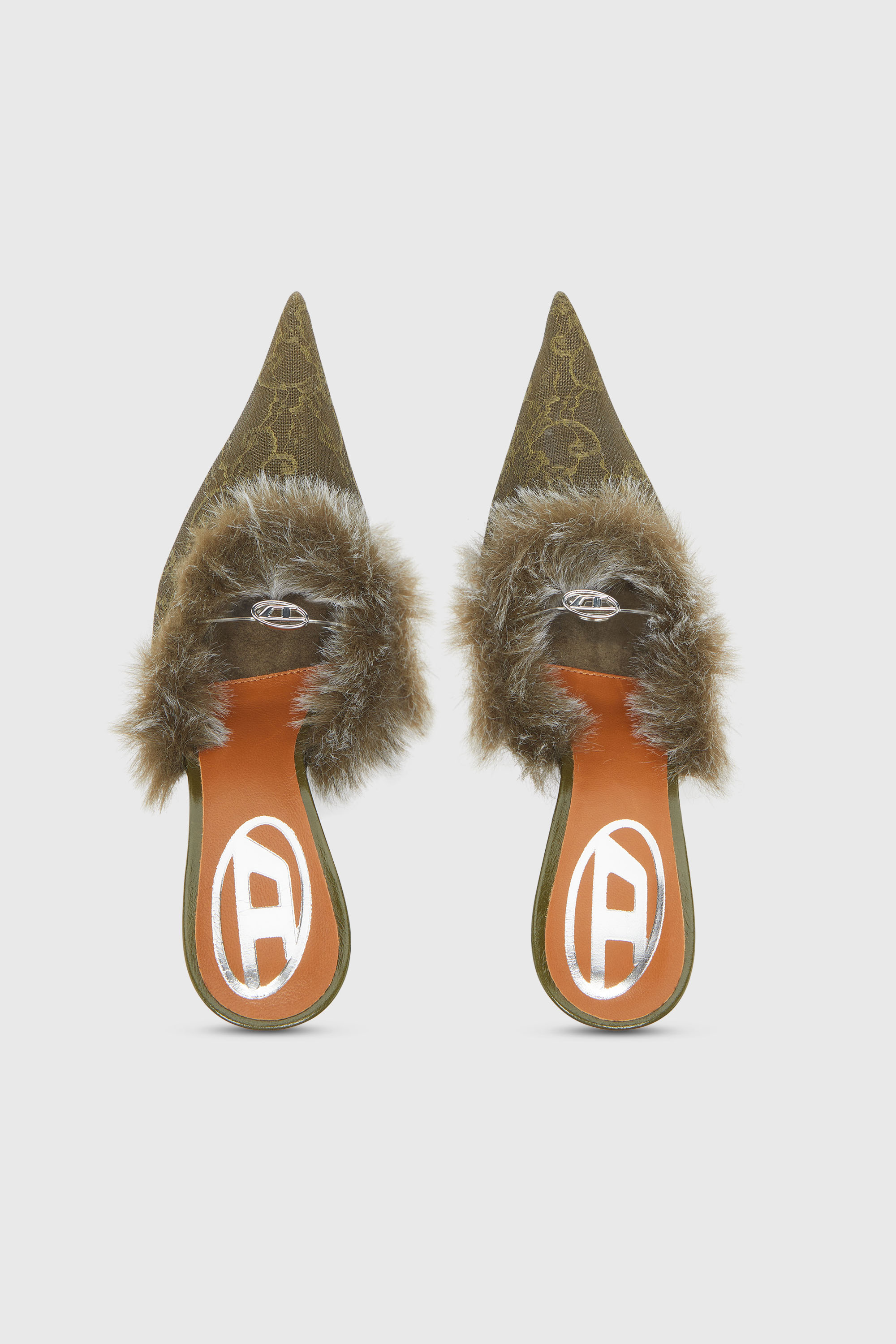 Diesel - D-JEWELS  MULE FUR 90, Woman's D-Jewels - Mules in nylon with fuzzy trim in Military Green - 4