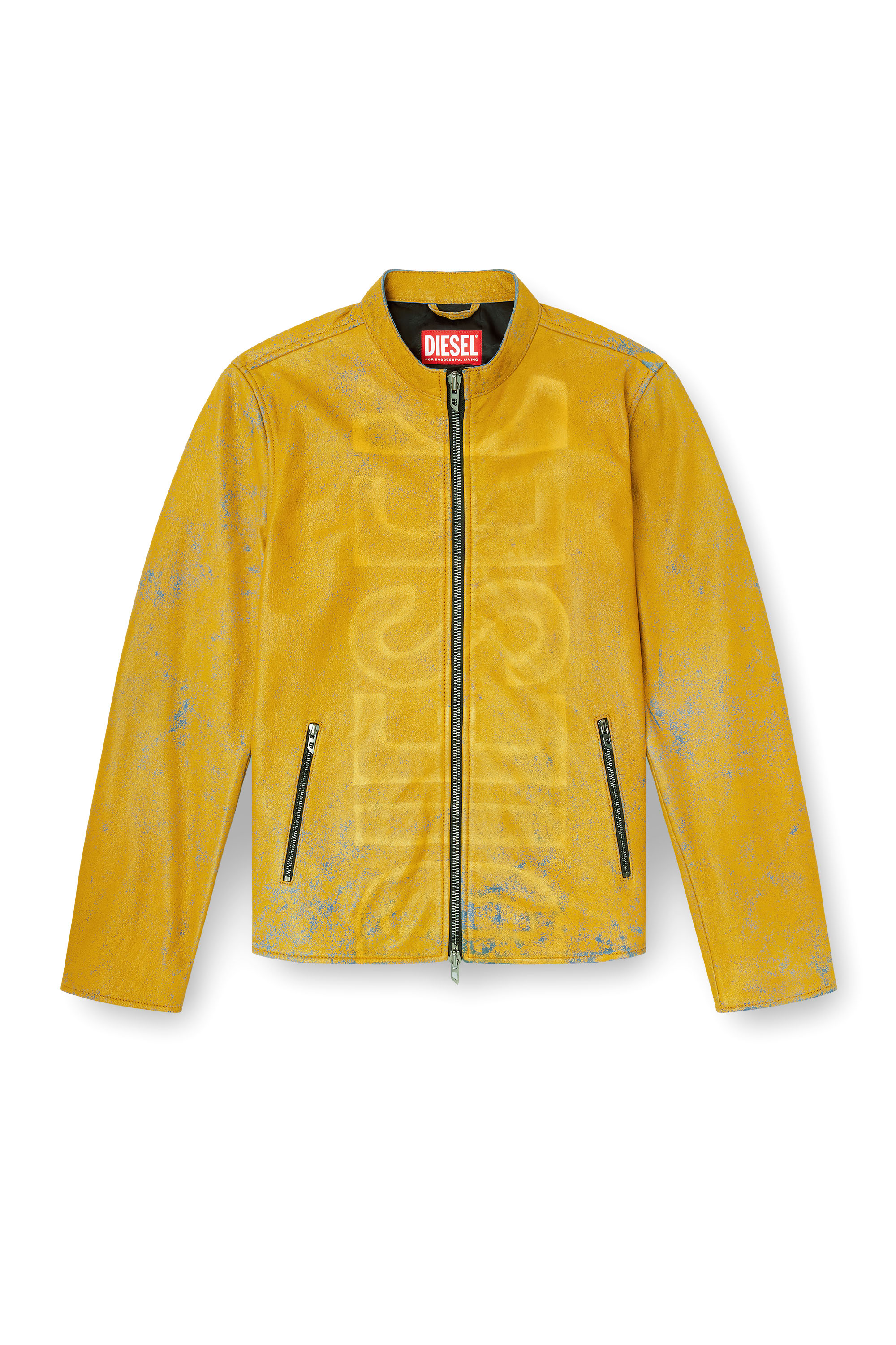 Diesel - L-EVERT-A, Man's Treated leather biker jacket with faded logo in Yellow - 2