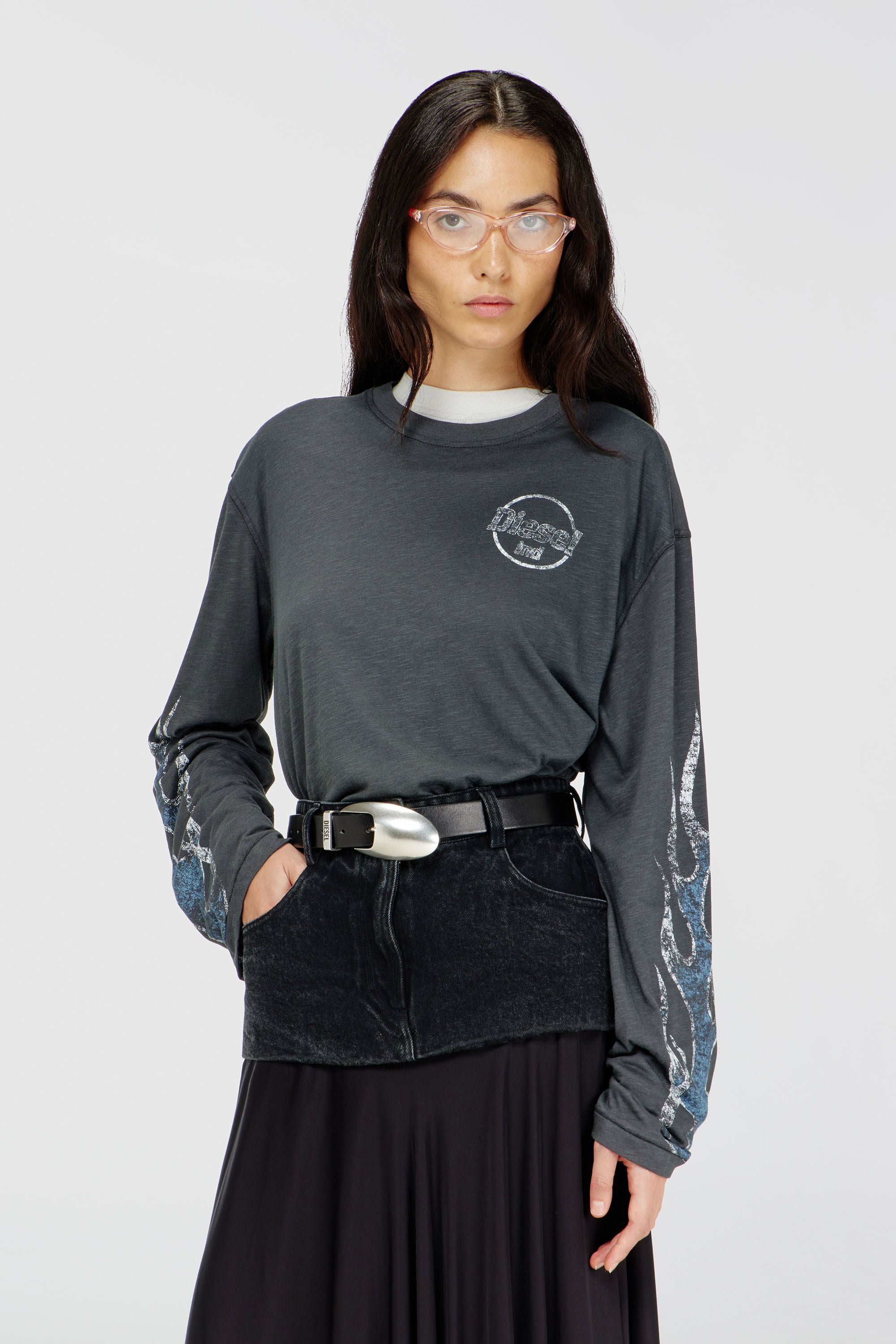Diesel - T-HILARY-LS-B3, Woman's Long-sleeve T-shirt in slub jersey with crack print in Dark grey - 1