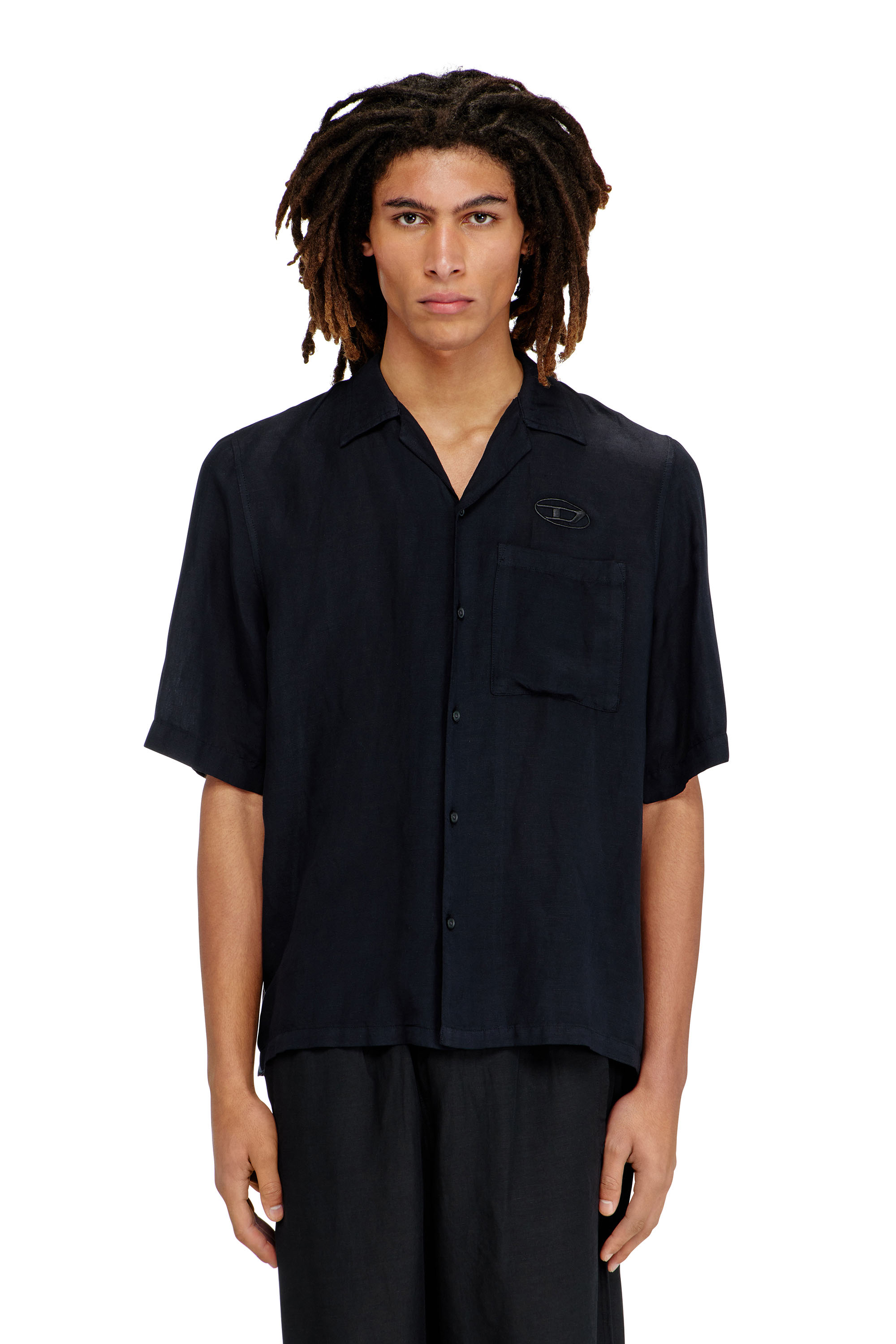 Diesel - S-BRACK-PGBS, Man's Linen-blend shirt with short sleeves in Black - 1