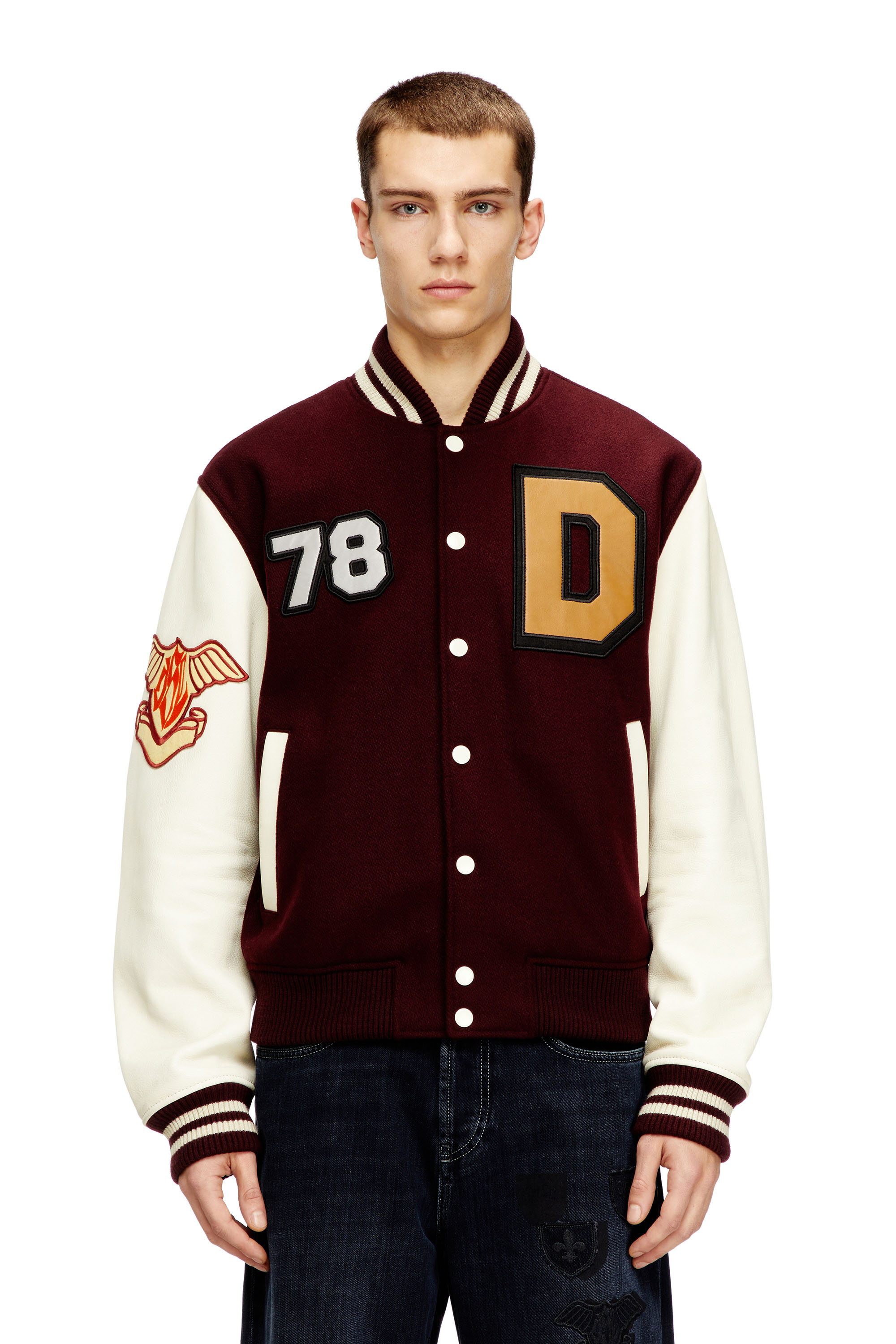 Diesel - L-ARRY-CP, Man's Varsity jacket in wool and leather in Red/White - 1