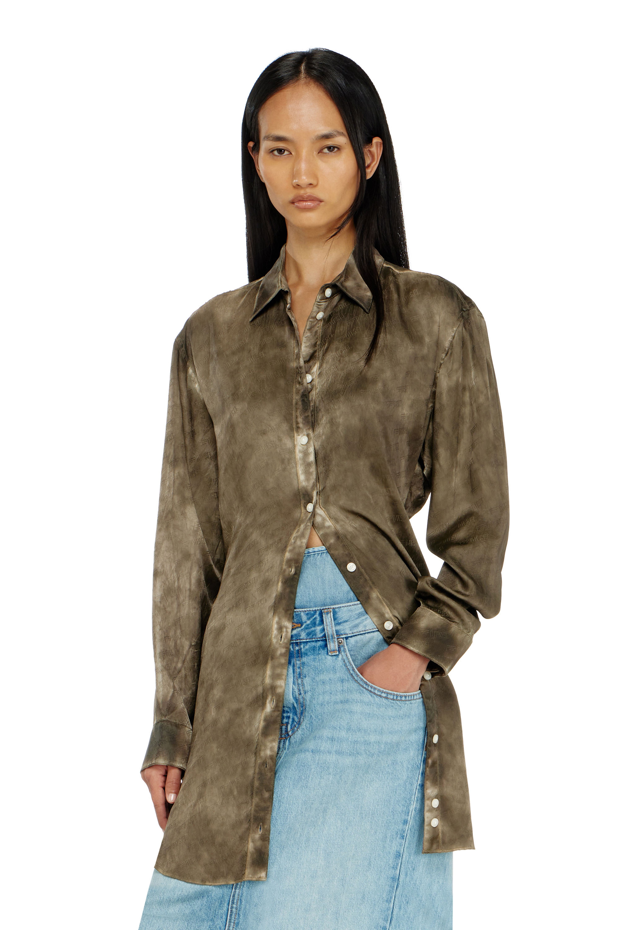 Diesel - C-LAVEL, Woman's Long shirt in logo-jacquard crinkled satin in null - 1