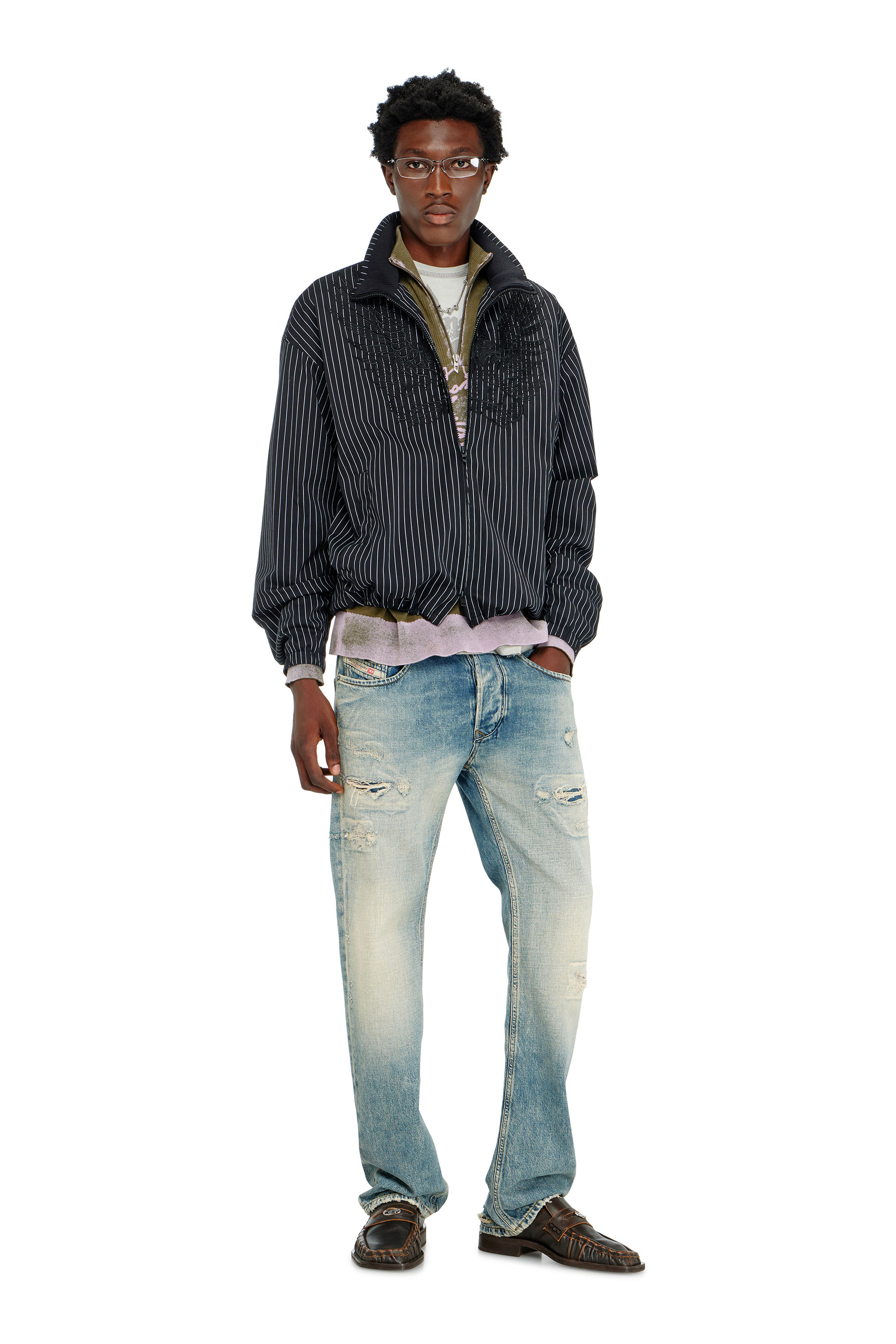 Diesel - J-CORSAR-NJCA, Man's Nylon pinstripe Jacket with Phoenix embroidery in Black - 2
