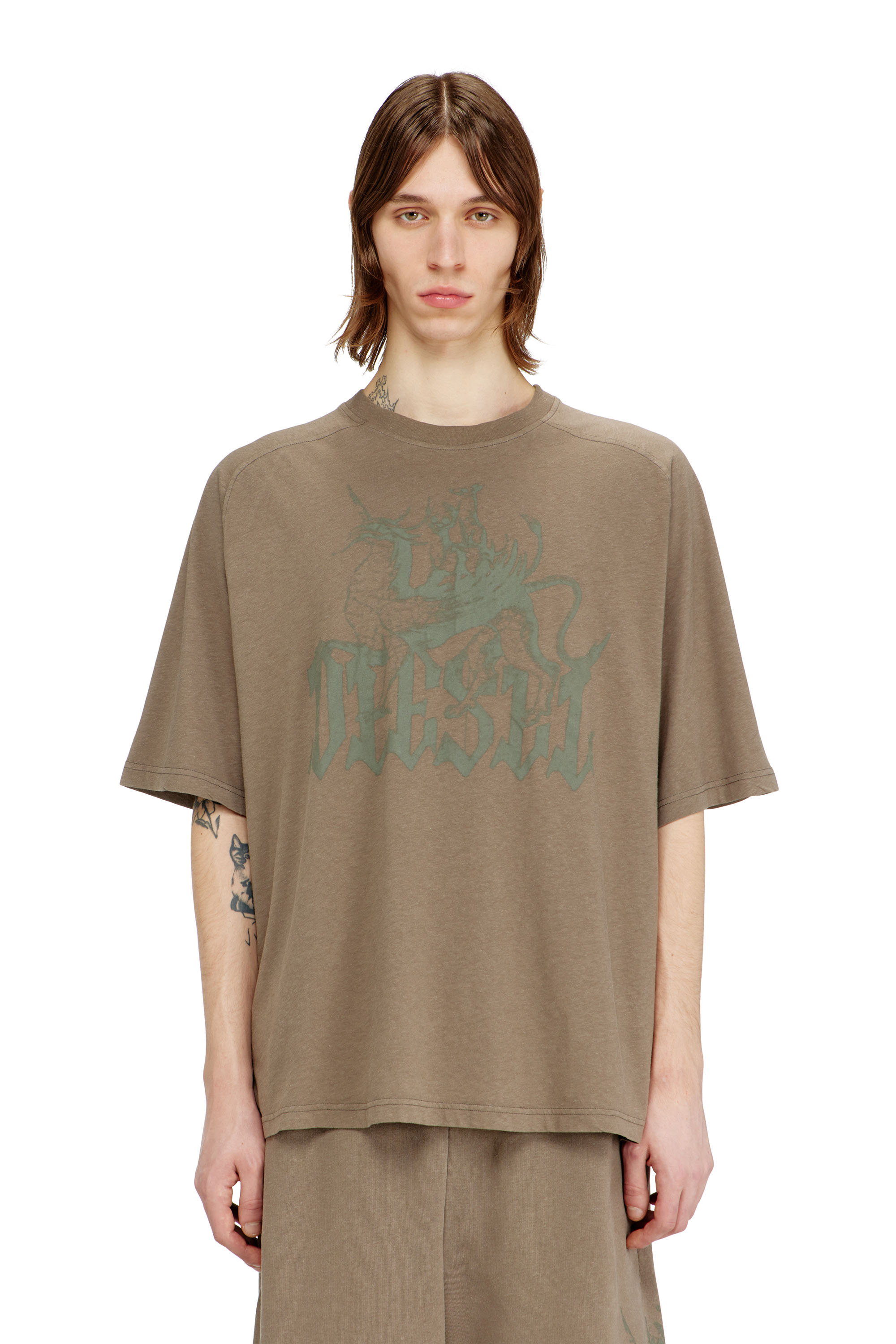 Diesel - T-JUSSI-A, Man's Printed T-shirt in cotton and hemp in Beige - 3