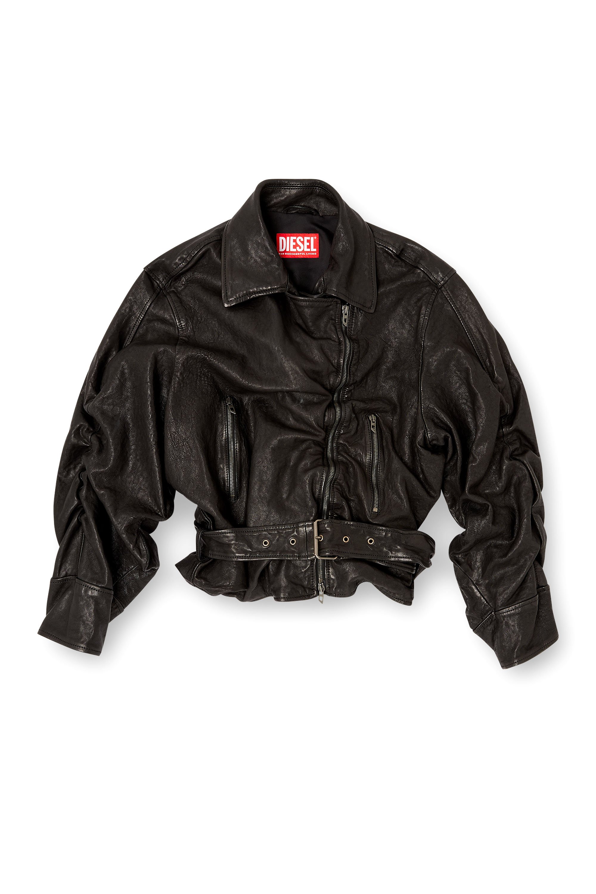 Diesel - L-OYS, Woman's Belted jacket in boiled leather in Black - 3