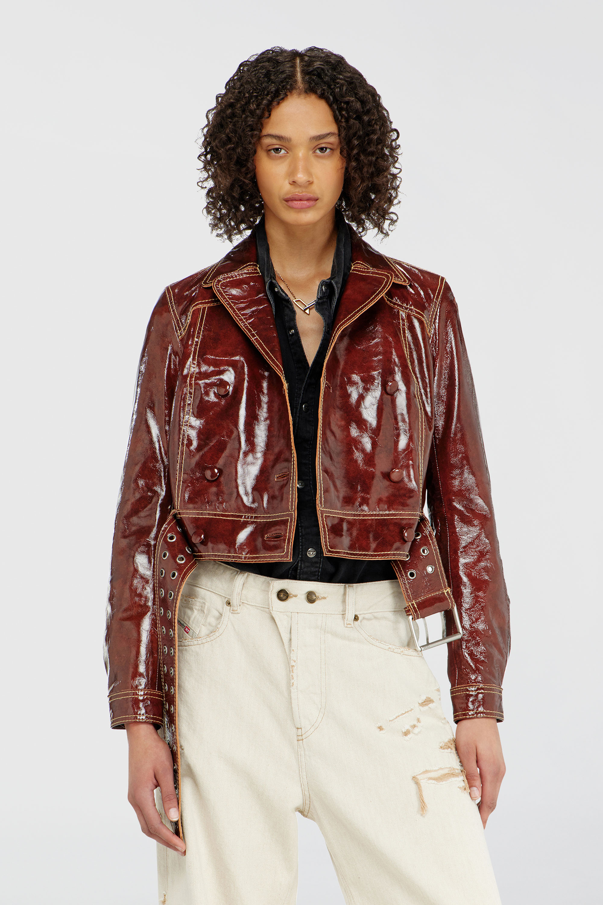 Diesel - L-EGEND, Woman's Patent-leather jacket with large belt in Brown - 1