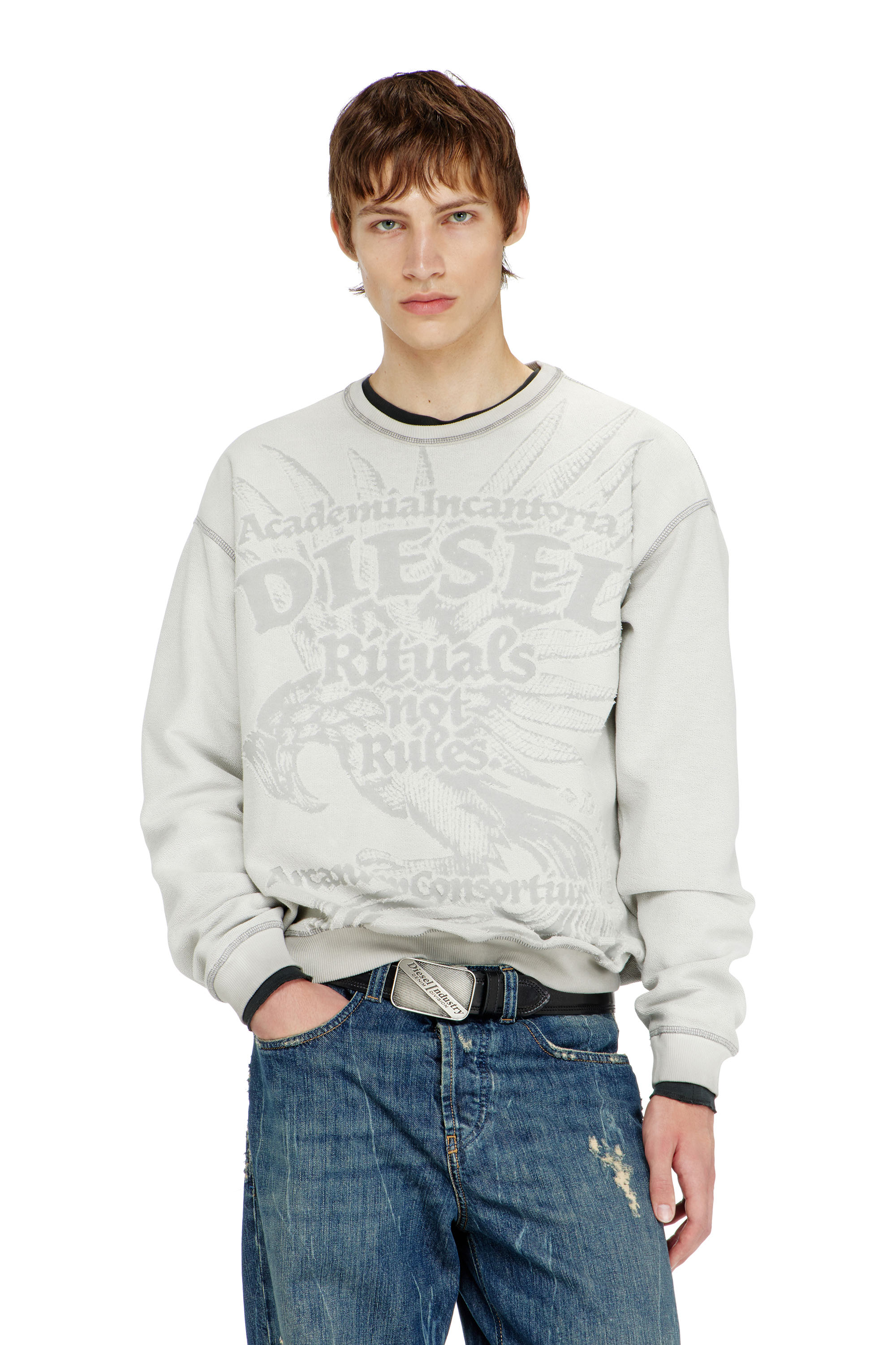 Diesel - S-ARON-RAW, Man's Sweatshirt with d&eacute;vor&eacute; print in Light Grey - 1